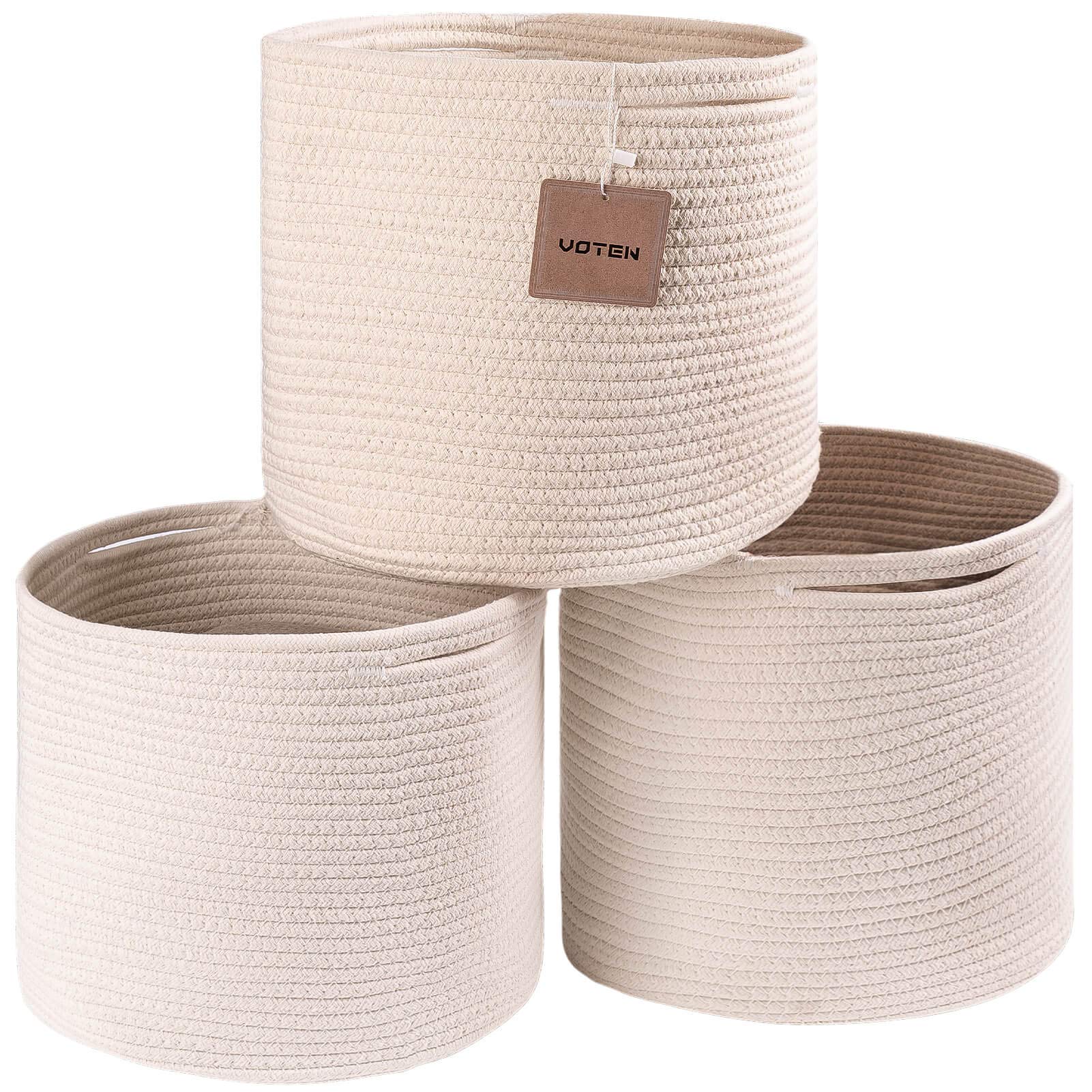 Durable Woven Cotton Storage Bins Organizer - 11x11x11 Inches, Fits 12x12 Cube Shelves | 3-Pack Round Baskets in Off White | Perfect for Home, Office & Kids Room Organization