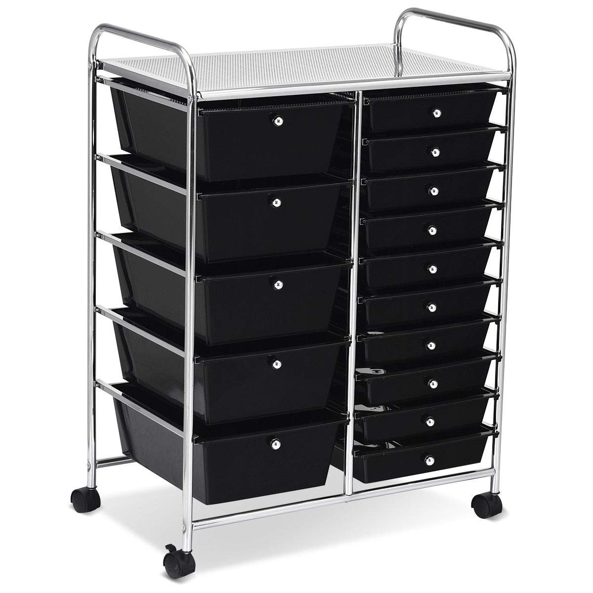 WELLFOR 15-Drawer Rolling Storage Cart - Mobile Organizer with Tray for Office, School, Home - Black | Perfect for Craft Supplies, Classroom Organization & Home Office Storage
