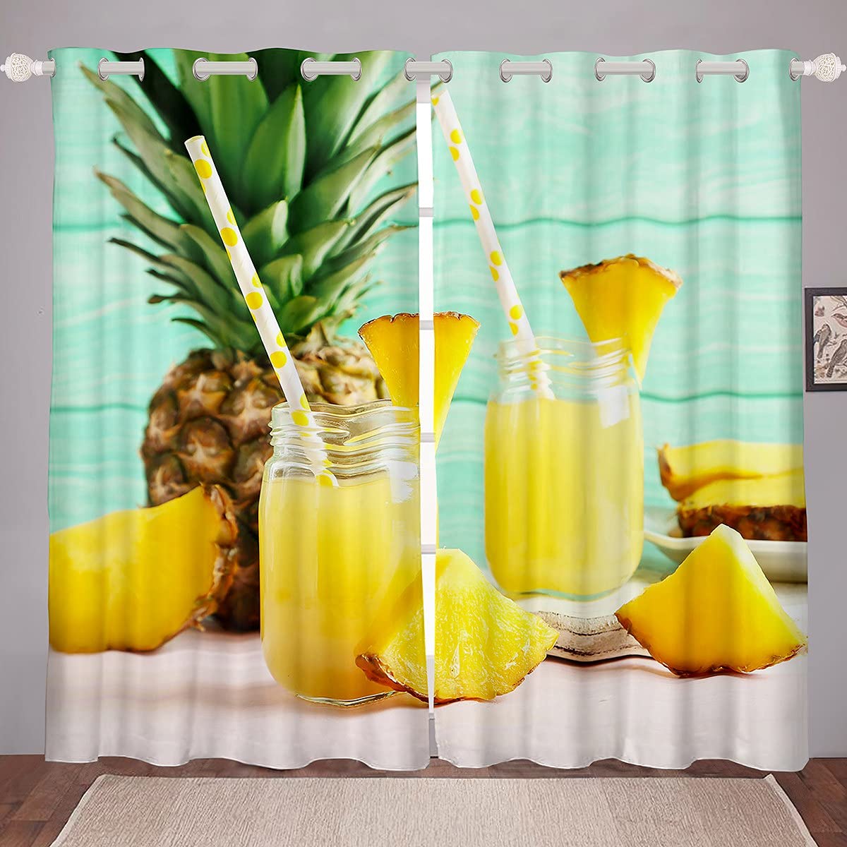 Pineapple Print Window Curtains - Tropical Fruit Drapes for Bedroom & Living Room Decor - 52x63 Inch 2 Panels - Hawaiian Style Juice-Themed Room Treatment - Perfect for Beach House, Summer Decor & Tropical Theme Parties