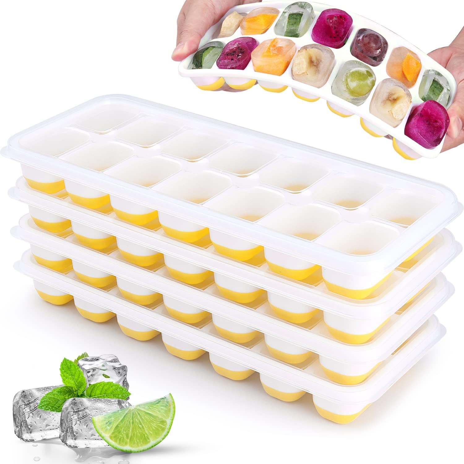 4 Pack Silicone Ice Cube Trays with Lids - Flexible, Easy Release & Stackable for Freezer - Spill-Proof Design Perfect for Cocktails, Iced Coffee & Party Drinks (Yellow)