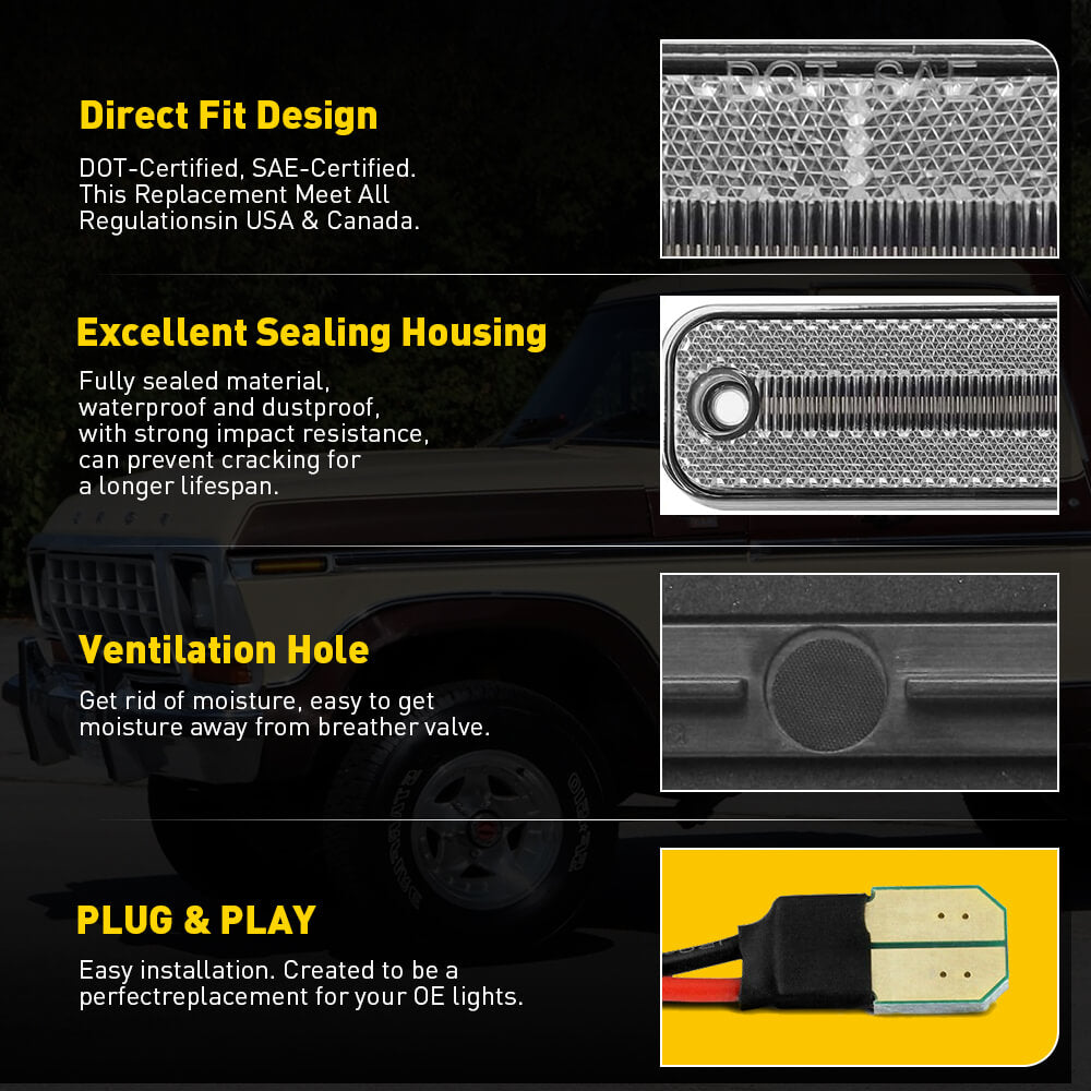 LED Side Marker Lights for Ford Bronco, F Series (F100, F150, F250, F350) & E Series Econoline Van - Durable Amber Clearance Lights for Off-Roading, Truck Customization & Night Driving Safety