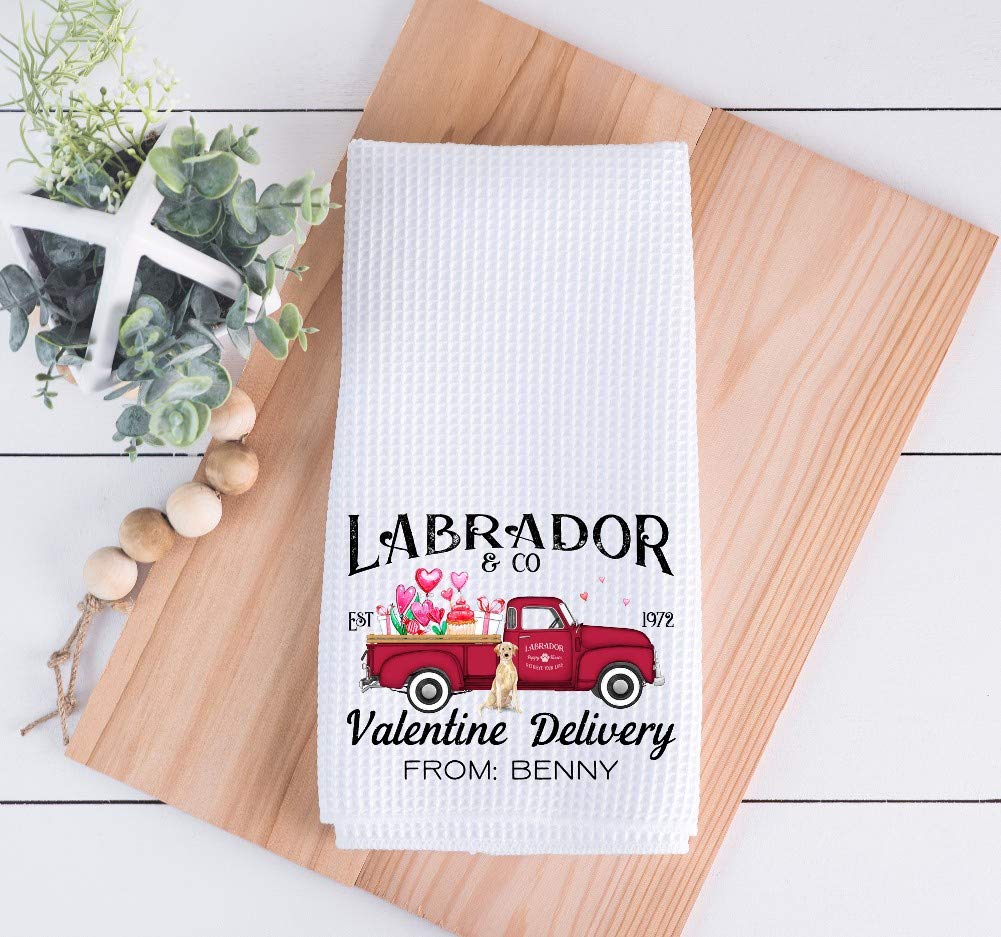 Personalized Yellow Labrador Retriever Valentine Truck Kitchen Towel - 16x24 Inch Waffle Weave Dish Towel for Valentine's Day Gifts, Dog Lovers, Kitchen Decor & Farmhouse Style Homes