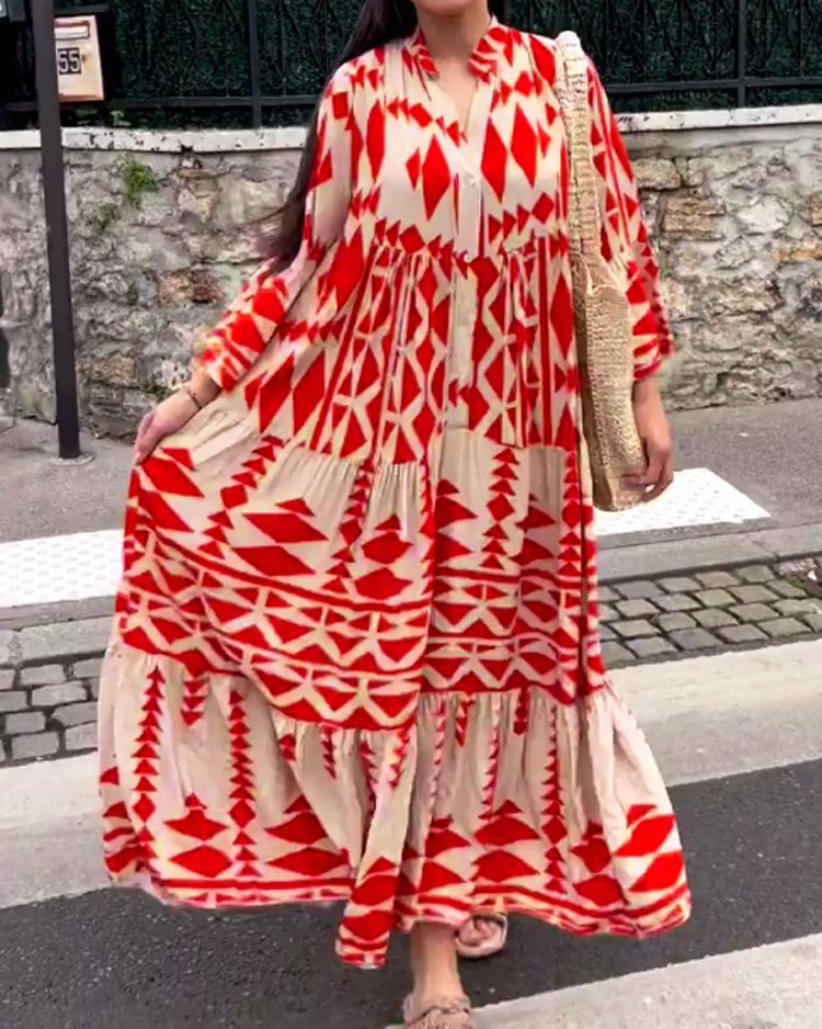 Women's Casual Printed Long Sleeve Pleated Dress - Bohemian Retro Style Spring Summer Maxi Dress for Beach, Vacation & Outdoor Events