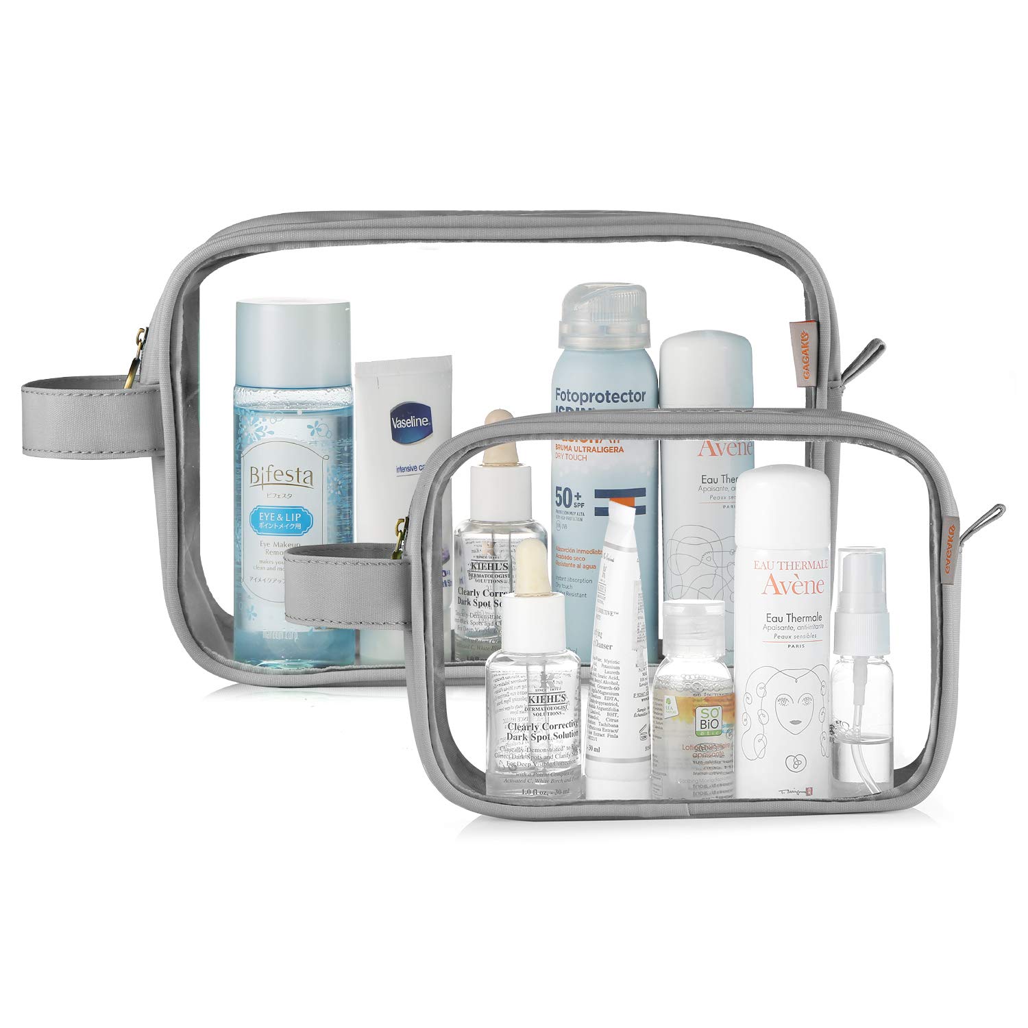 GAGAKU 2-Pack TSA Approved Clear Toiletry Bag - Waterproof Transparent Travel Cosmetic Bag with Handle Strap for Liquids, Makeup & Toiletries - Perfect for Air Travel, Gym & Weekend Getaways (Gray)