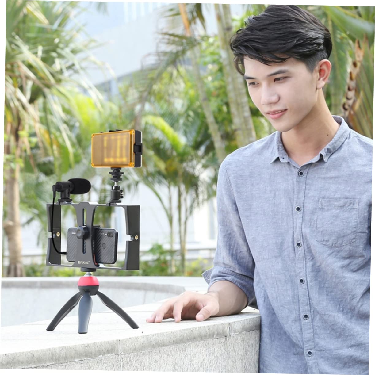 WOONEKY 1 Set Adjustable Phone Mount Stand with Tripod - Universal Mobile Phone Holder for Live Streaming, Video Recording, Vlogging & Online Classes - Desktop Mic Stand Compatible with iPhone, Android (Red)