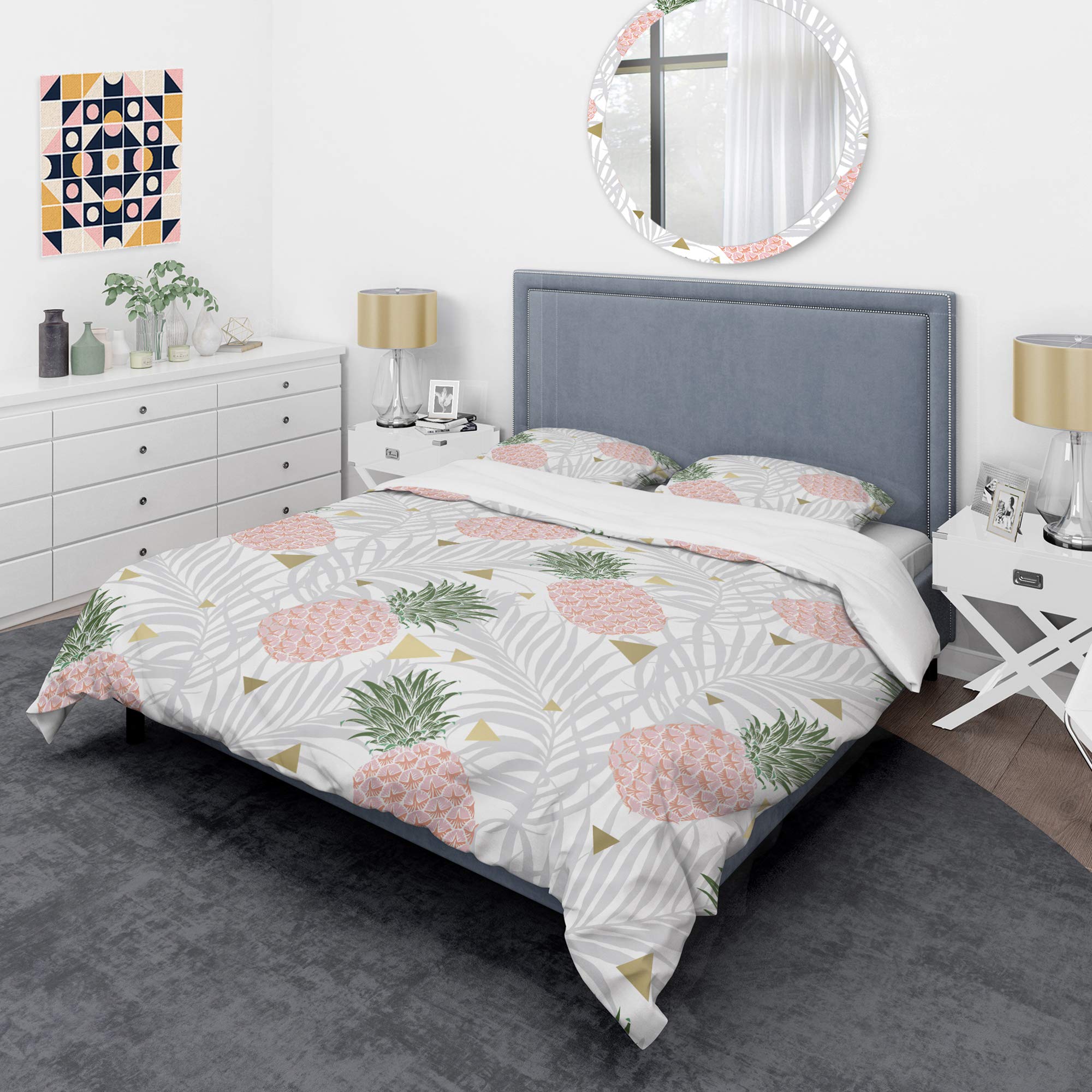 DesignQ Pineapple on Tropical Leaves Mid-Century Modern Duvet Cover Set - King Size 3-Piece Bedding Set in Pink, All-Season Comfort for Master Bedroom & Guest Room Decor