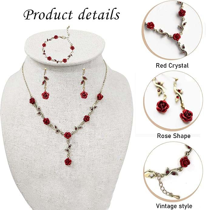 Vintage Rose Flower Jewelry Set for Women - 3Pcs Red Rose Necklace, Earrings & Bracelet - Elegant Bridal Wedding, Prom, Valentine's Day Gift - Perfect for Anniversary, Birthday Party & Special Occasions