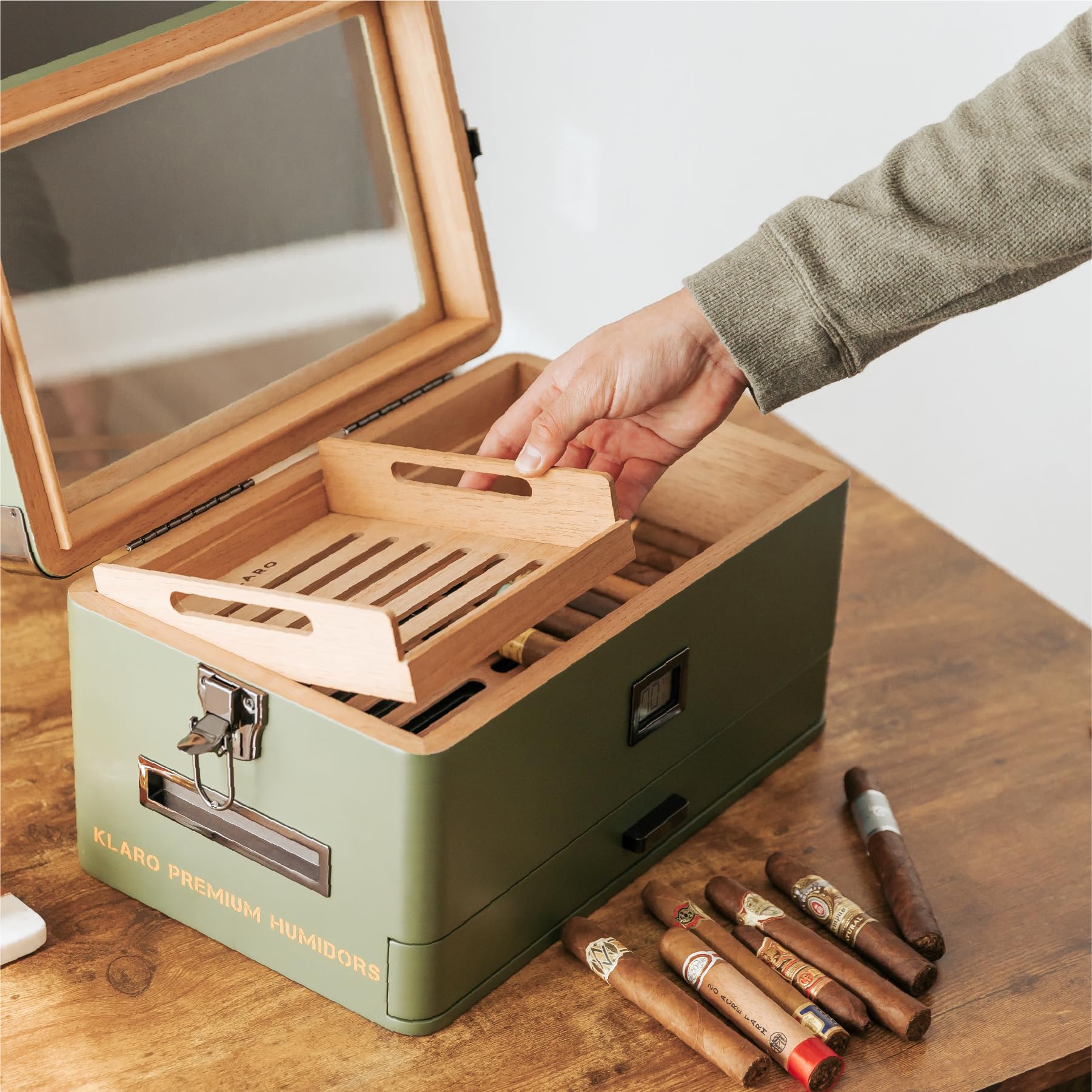 Klaro Military Glass Top Humidor - Matte Green Spanish Cedar Cigar Box with Digital Hygrometer, Humidor Solution & Hydro System (Holds 70-100 Cigars) - Perfect for Home, Office & Cigar Collection Display