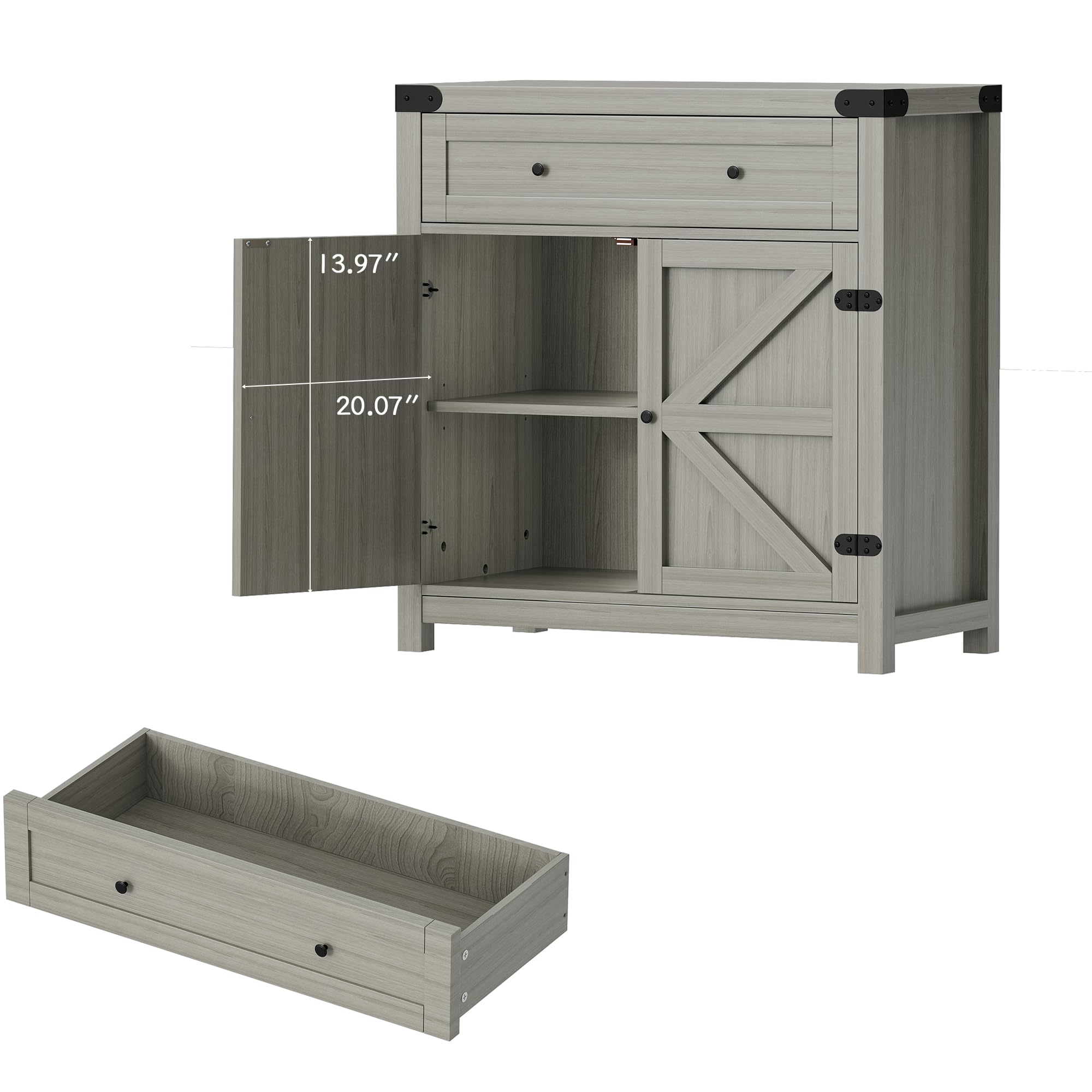 Farmhouse Style Sideboard Buffet Cabinet with Storage - 1 Drawer & 2 Barn Doors, Rustic Coffee Bar Console Table for Kitchen, Dining Room, Entryway - Perfect for Home Organization & Entertaining (Grey)