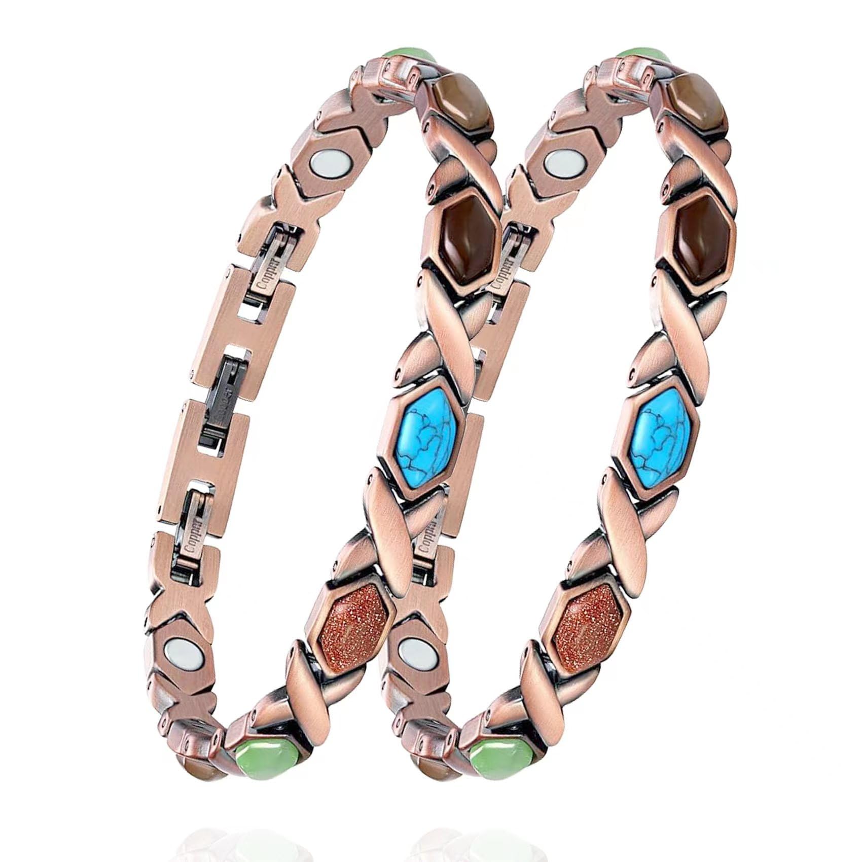 2 Pcs Magnetic Copper Bracelets for Women - 3500 Gauss Rhombic-Shaped Turquoise Healing Bracelet for Arthritis Pain Relief & Energy Balance | Fashion Jewelry Gift for Mom, Wife, Sister | Perfect for Daily Wear, Yoga & Meditation