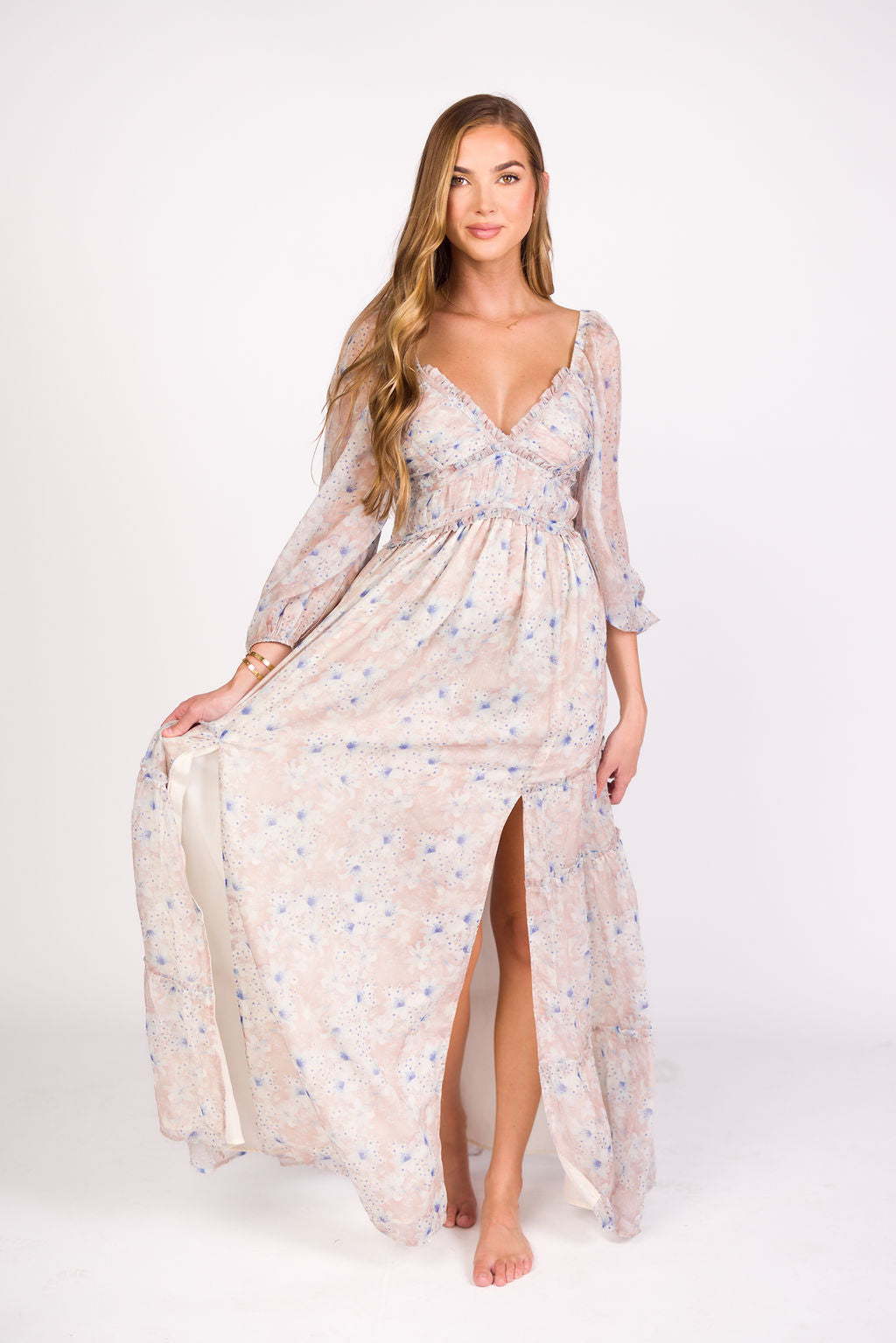 Elegant Daphne Long Sleeve Maxi Dress - Floral Beige/Blue Maternity & Plus Size (XS-3XL) | Perfect for Pregnancy, Nursing & Special Occasions