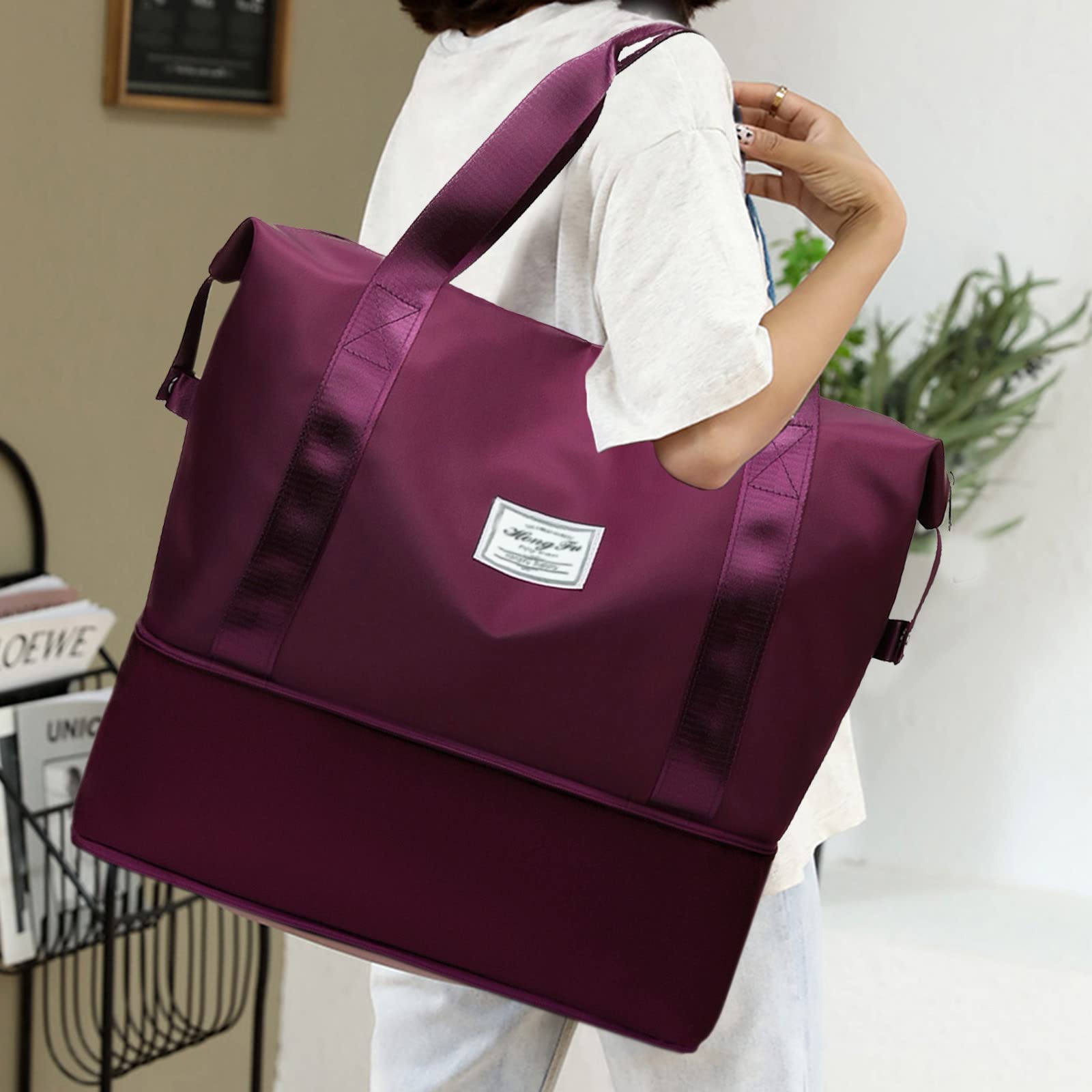Foldable Duffle Bag for Travel, Gym & Sports - Water-Resistant Tote Luggage Bag for Women & Men (Wine Red) - Perfect for Workouts, Weekend Getaways & Airplane Carry-On