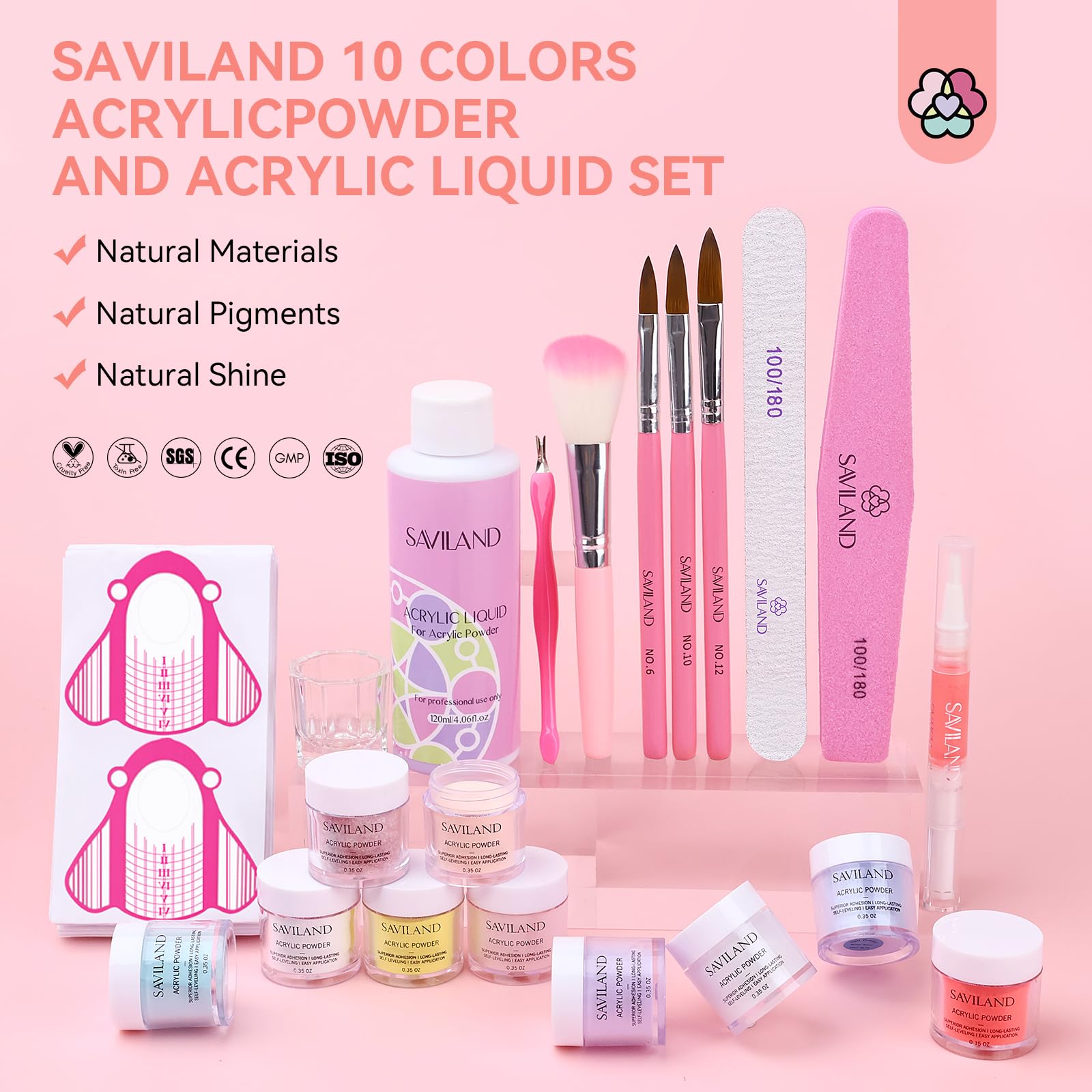 SAVILAND 10 Colors Glitter Nudes Acrylic Nail Kit - Professional Acrylic Powder & Liquid Set with Nail Brushes, Dappen Dish, Cuticle Oil - DIY Manicure Tools for Home & Salon Use - Perfect for Nail Art, French Tips, and Acrylic Extensions