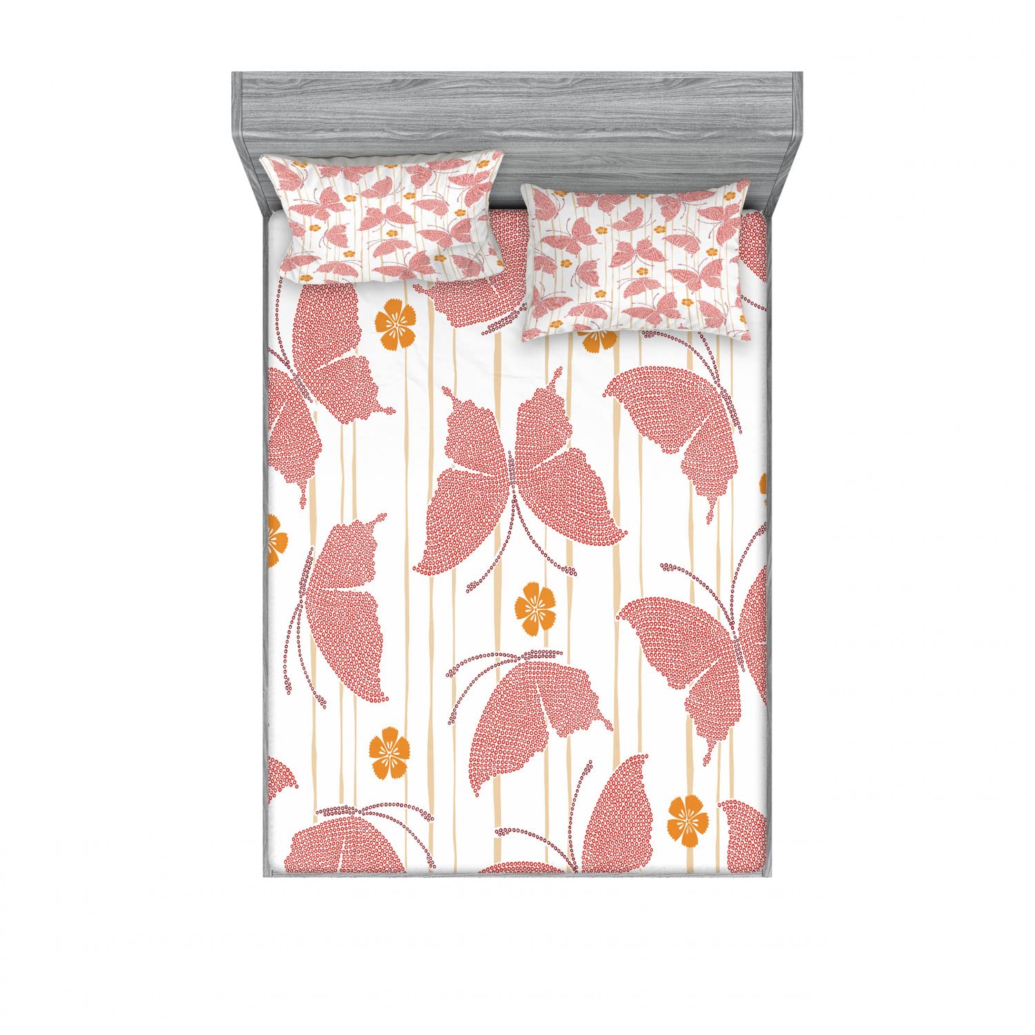 Ambesonne 2-Piece Butterfly Floral Fitted Sheet & Pillow Sham Set - Queen Size Bedding with 4 Decorative Pillow Covers in Red Orange Cream Dots Pattern - Perfect for Bedroom Decor, Guest Rooms & Bohemian Style Homes
