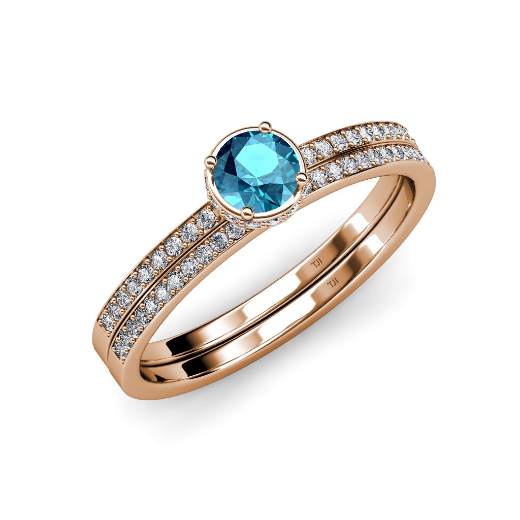 1.05ctw London Blue Topaz & Diamond Halo Engagement Ring & Wedding Band Set in 14K Rose Gold - Perfect for Proposals, Weddings & Anniversary Gifts