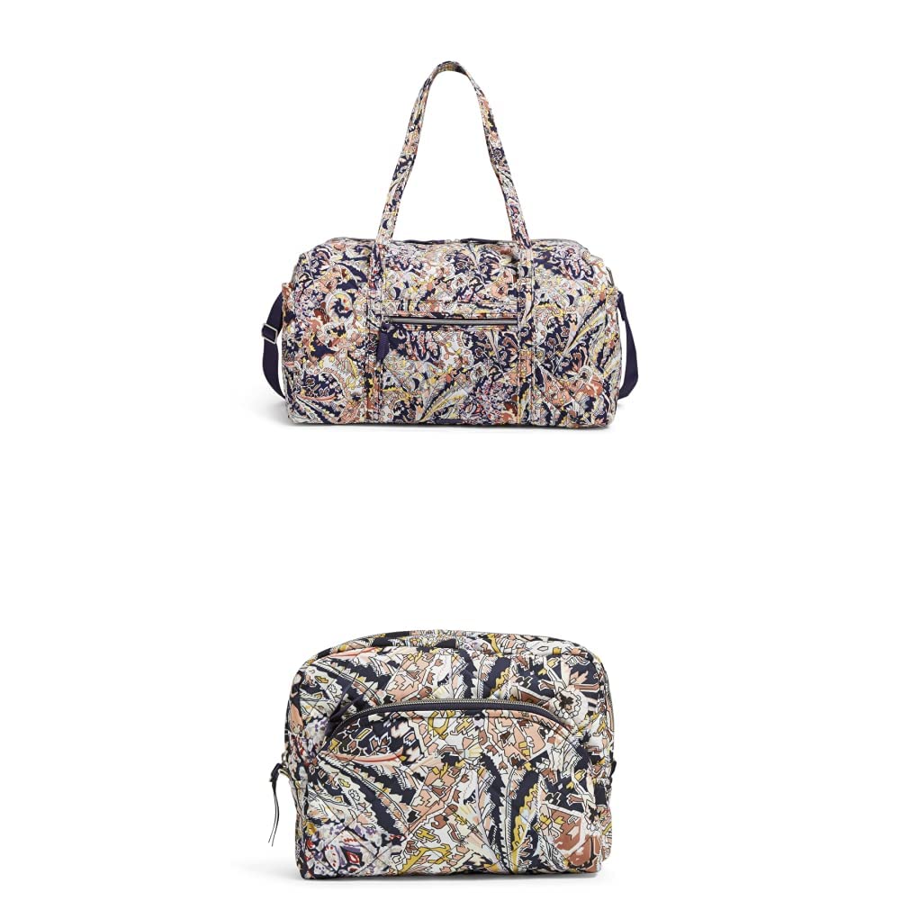 Premium Performance Twill Large Travel Duffle Bag & Cosmetic Makeup Organizer Set - Stylish Tangier Paisley Pattern for Women's Gym, Weekend Getaway & Airplane Carry-on Luggage
