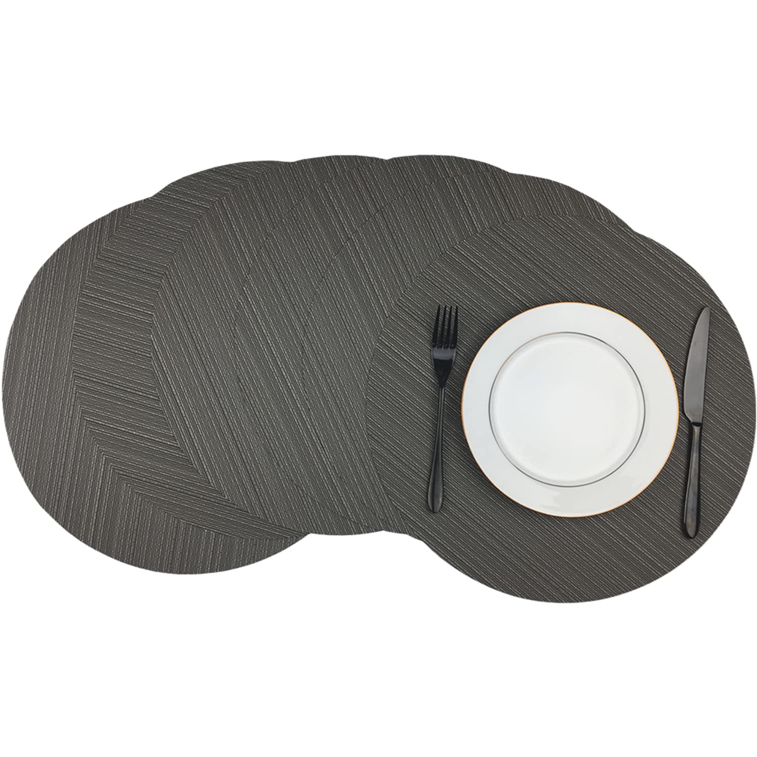 WAZAIGUR 15 Inch Round Placemats Set of 6 - Woven Vinyl Table Mats for Kitchen Dining, Heat Resistant & Easy to Clean (Gray) - Perfect for Everyday Meals, Dinner Parties, and Holiday Gatherings