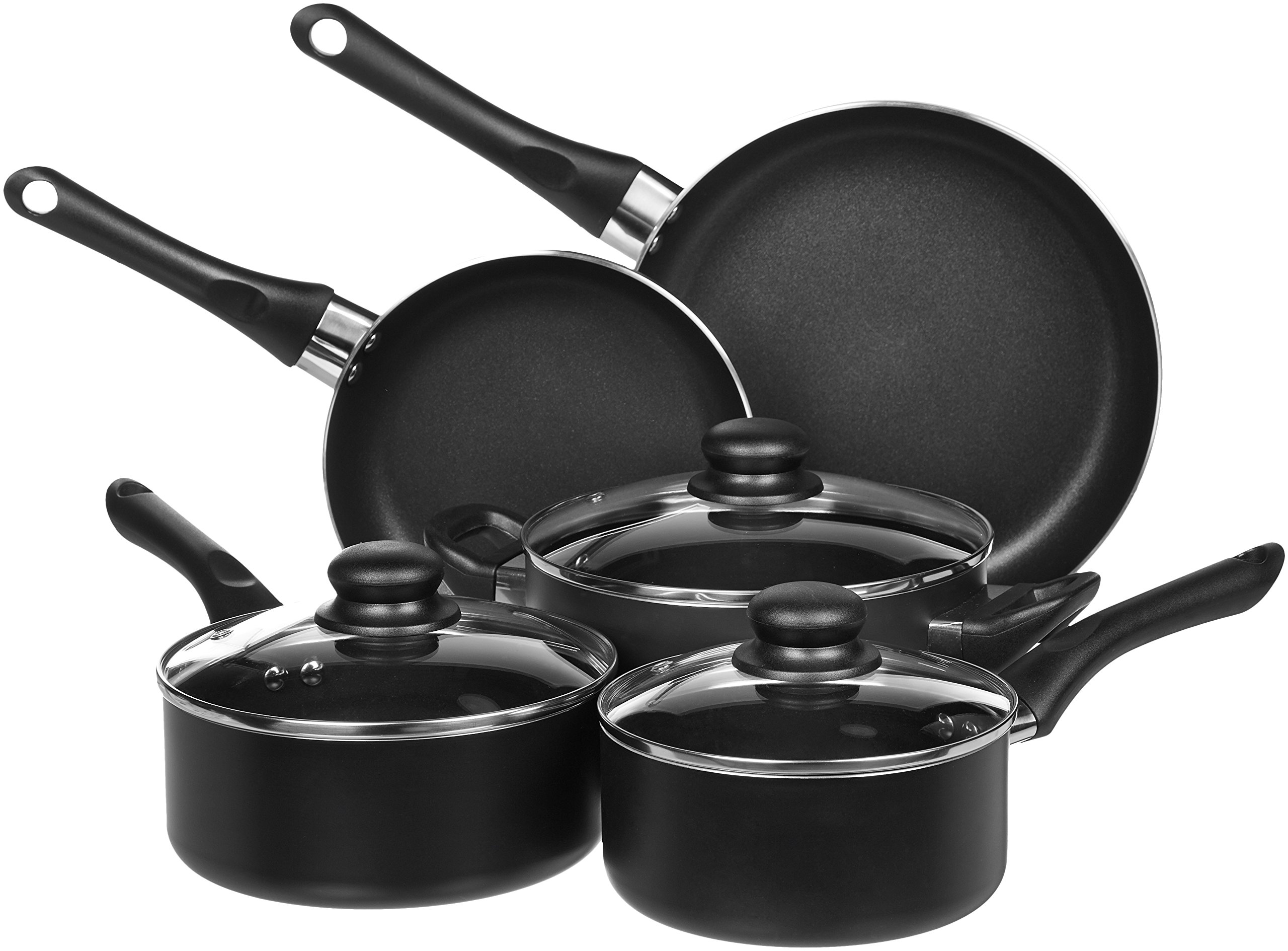 Amazon Basics 16-Piece Cafe Stripe Dinnerware Set - Plates, Bowls, Mugs for 4 People & 8-Piece Non-Stick Cookware Set with Pots and Pans - Modern Black Kitchen Essentials for Dining, Cooking & Entertaining
