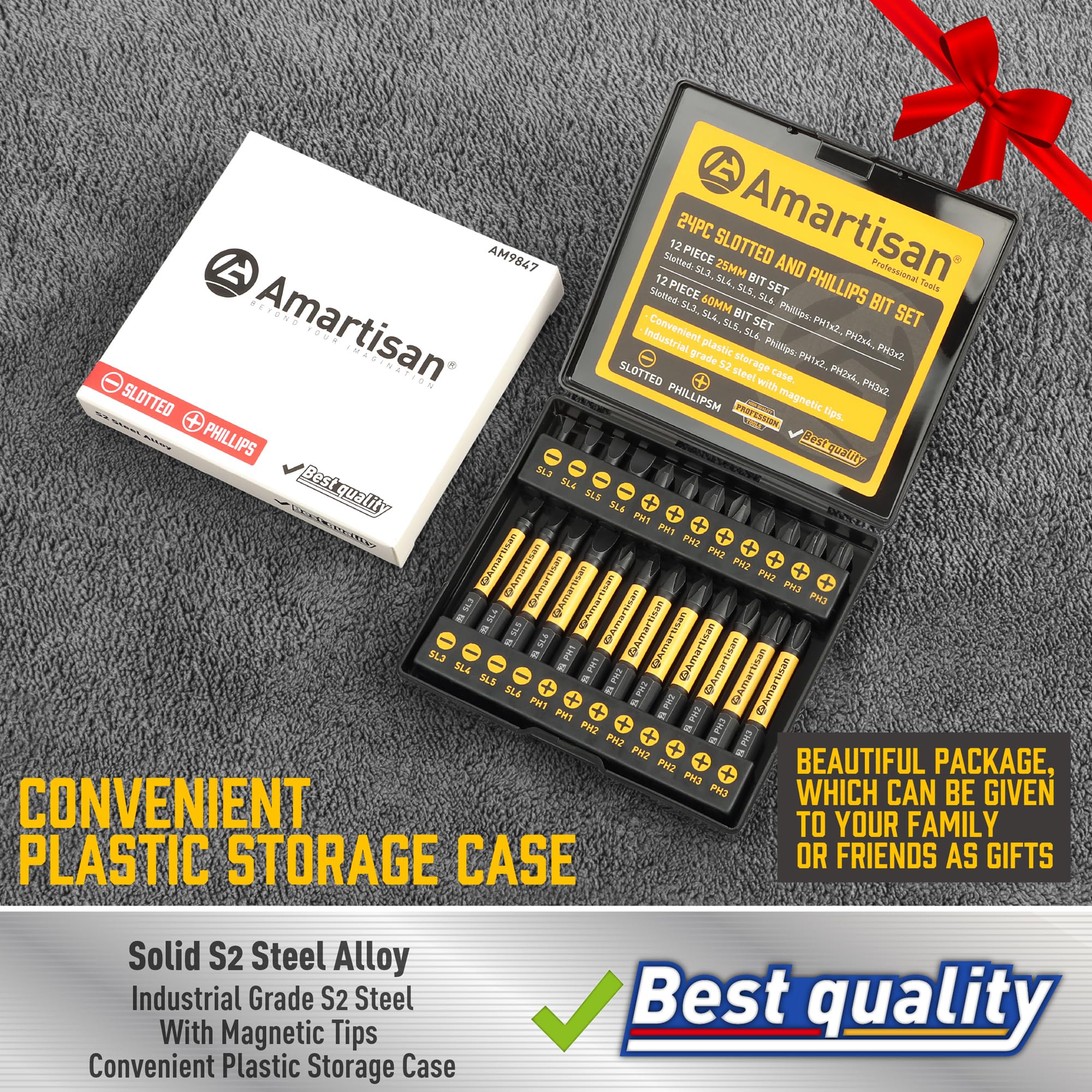 Amartisan 24-Piece Magnetic Screwdriver Bit Set - S2 Steel Phillips & Slotted Drill Bits (1