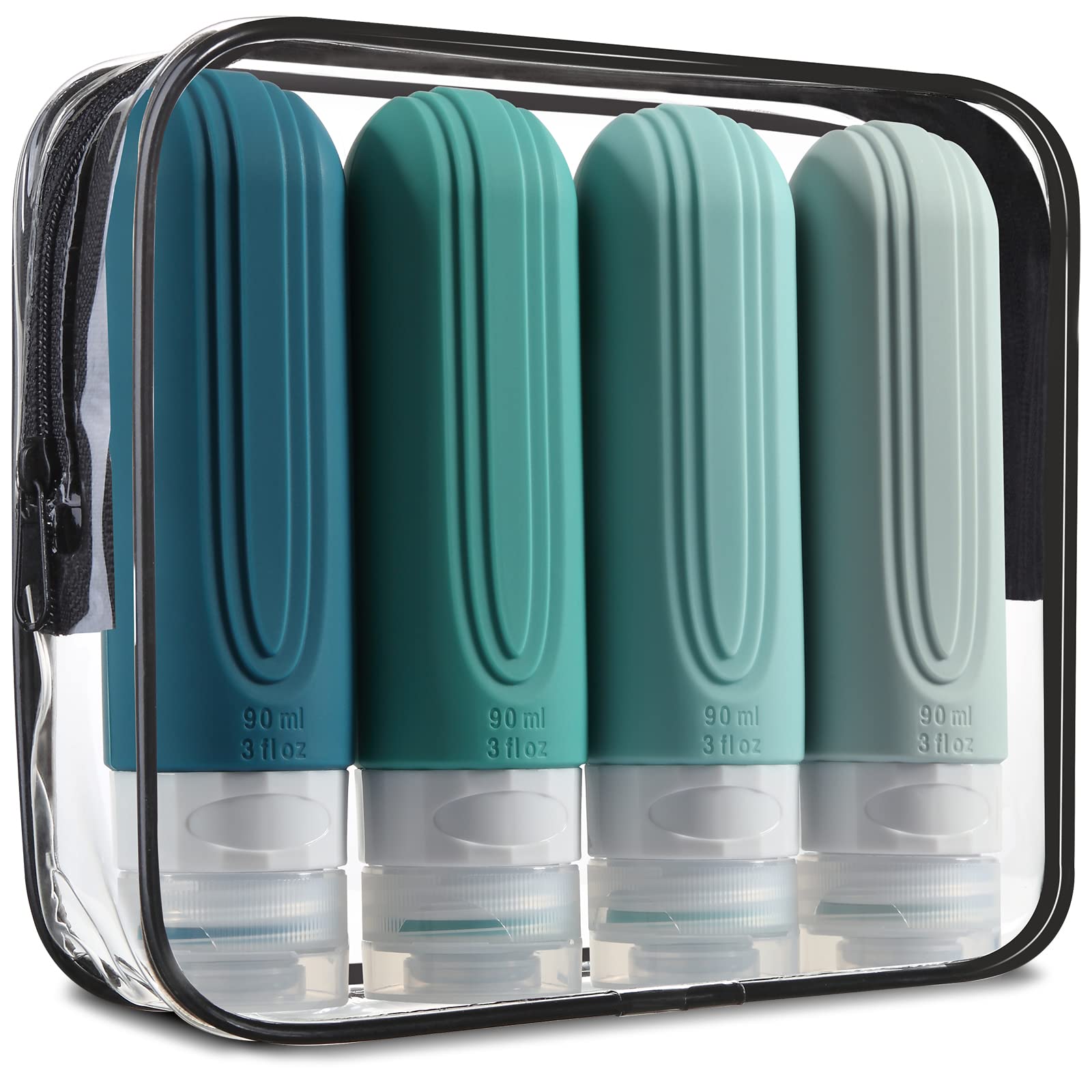 TSA Approved 3oz Travel Bottles (4 Pack) - BPA Free Leak Proof Silicone Containers for Shampoo, Conditioner & Lotion | Refillable Squeezable Toiletry Bottles for Airplane Travel, Gym & Vacation Essentials