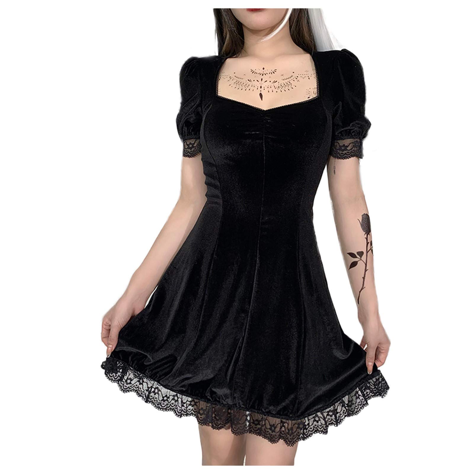 Gothic Black Mini Dress for Women - Sexy High Waist Suede Wrap Dress with Square Neck & Lace Trim | Perfect for Halloween, Cosplay, Date Night & Gothic Fashion