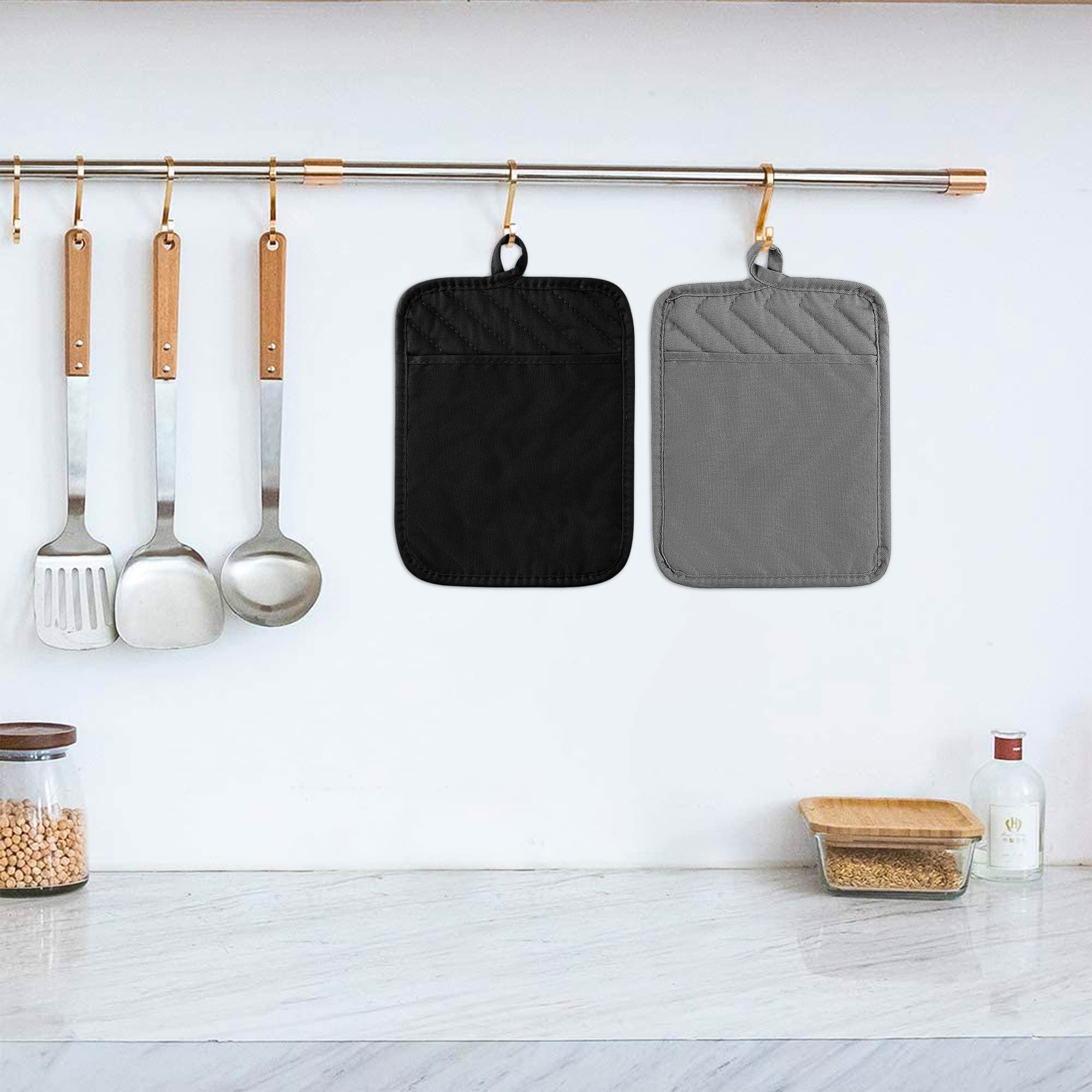 GROBRO7 5-Pack Heat Resistant Cotton Pot Holders - 8.9 x 6.9 Inch Oven Mitts with Pocket for Baking, Cooking & Grilling - Machine Washable Kitchen Hot Pads (Gray & Black) - Perfect for BBQ, Baking Cookies & Handling Hot Dishes