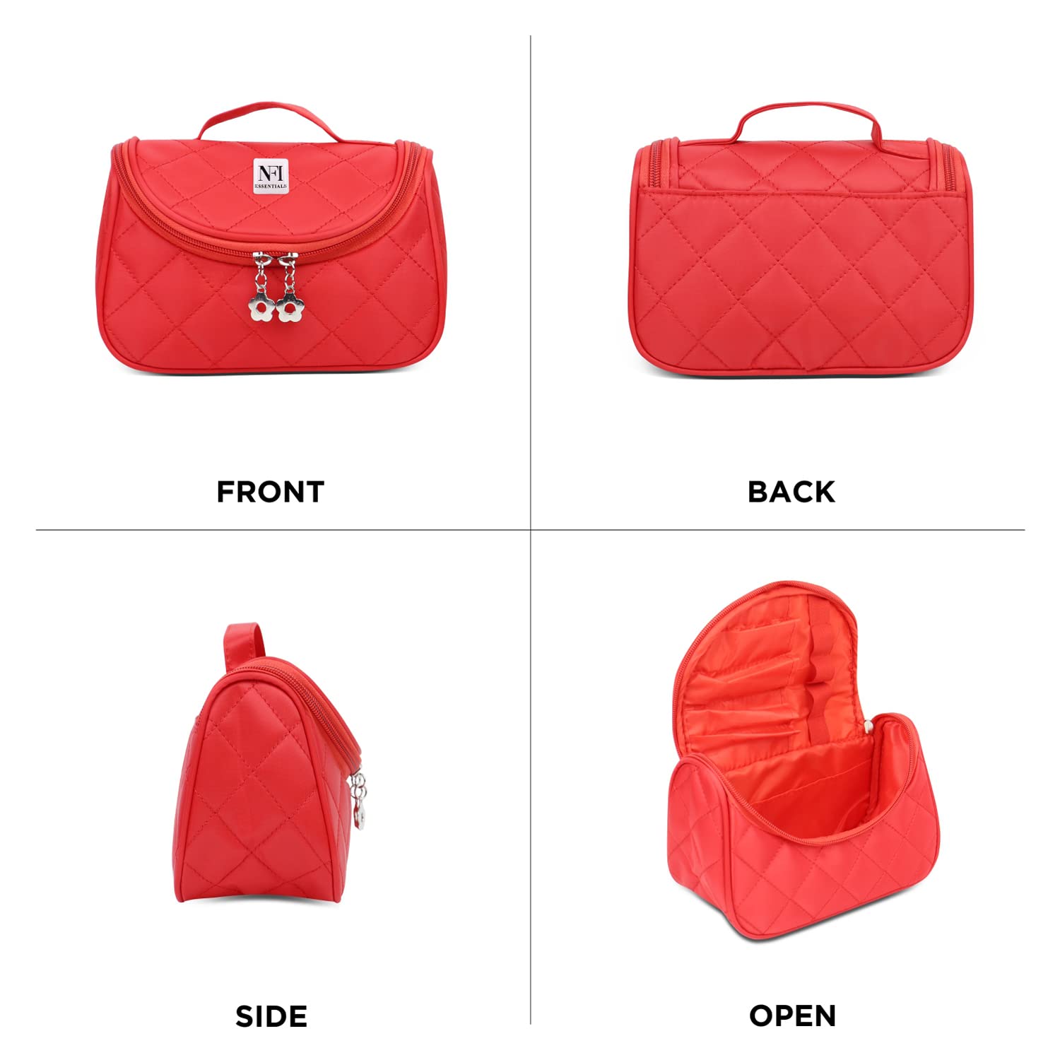 NFI Essentials Solid Color Cosmetic Pouch - Waterproof Makeup Travel Bag & Jewelry Organizer for Women | Multi-Purpose Vanity Case, Bridal Gift, Pencil Pouch | Perfect for Travel, Office & Daily Use (Red)