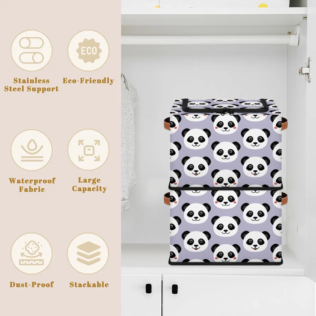 Cute Panda Fabric Storage Bins with Zipper Lid - Kawaii Animal Storage Baskets for Clothes & Organizing - Stackable Cube Bin Boxes with Steel Frame for Shelf, Closet & Home Organization (2 Pack) - Perfect for Kids' Room, Nursery & Toy Storage