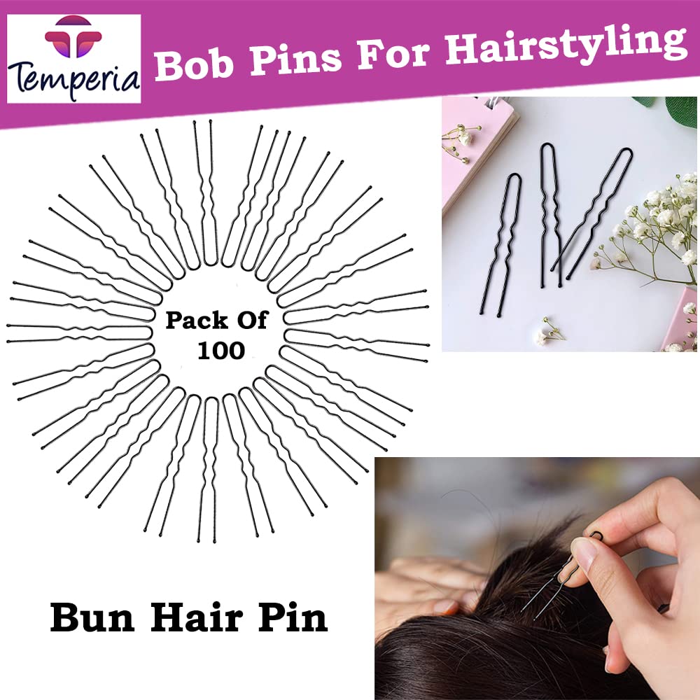Temperia U-Shaped Hair Pins for Women - 100pcs Black Hair Clips with Storage Box (7cm) | Hair Styling Accessories for Updos, Braids & Bun Hairstyles | Perfect for Daily Use, Weddings & Special Occasions