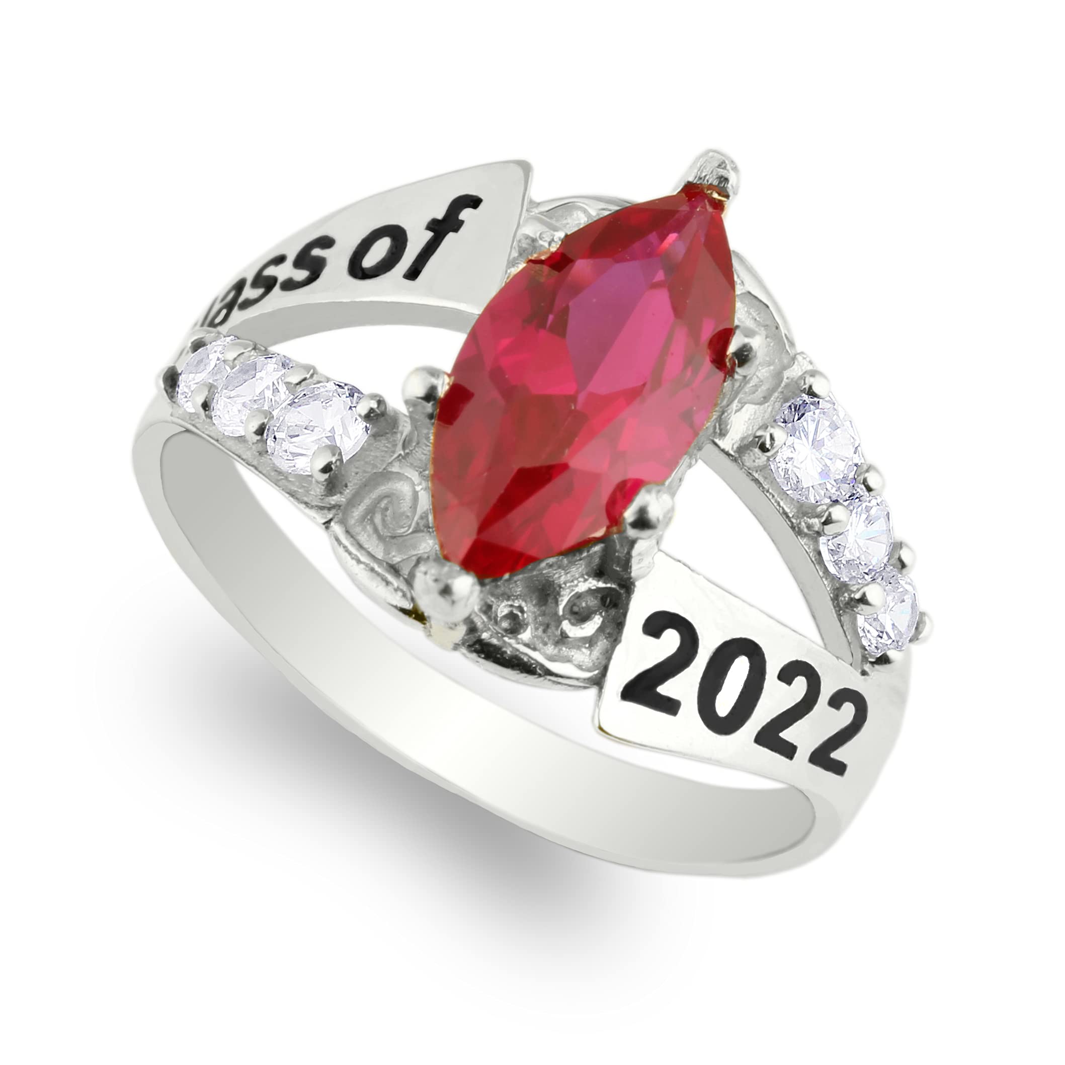 10K White Gold Marquise Shaped Class Ring 2022 - JamesJenny Graduation Ring with Ruby & CZ for Class of 2022 | Perfect Gift for High School & College Graduates, Anniversary & Special Occasions