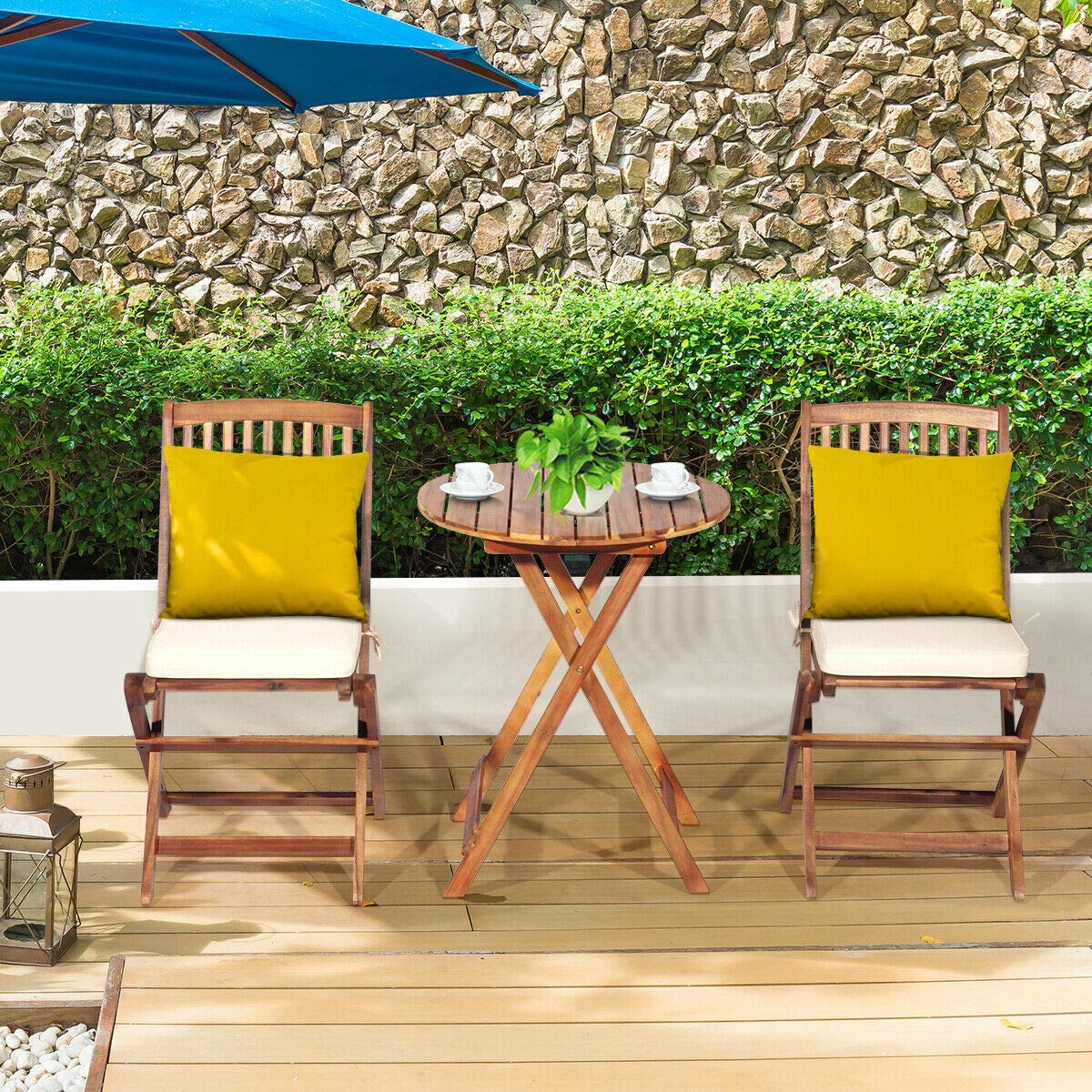 Tangkula 3-Piece Patio Folding Bistro Set - Acacia Wood Outdoor Dining Table & Chairs with Padded Cushions, Round Coffee Table - Perfect for Garden, Poolside, Balcony & Indoor Use (Cream)