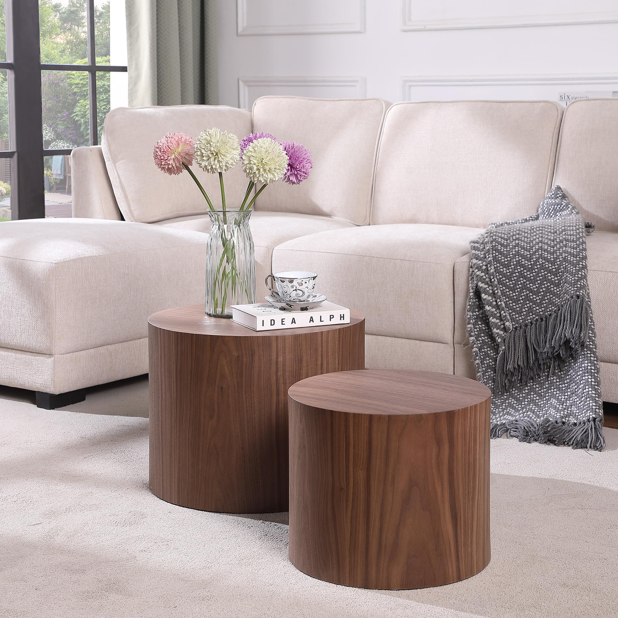 Round Coffee Table Set of 2 - Nesting Wooden Drum Side Tables for Living Room & Office - Walnut Finish, No Assembly Required - Perfect for Small Spaces & Modern Home Decor