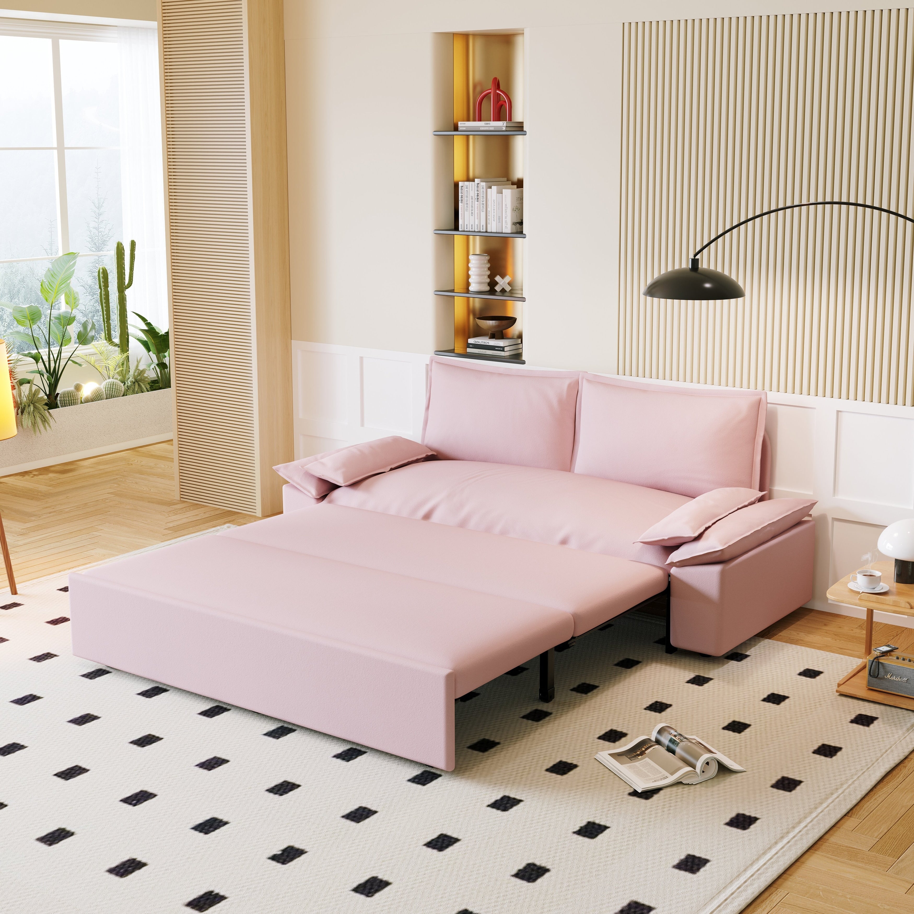 3 in 1 Convertible Sleeper Sofa Bed - Queen Size Pull Out Couch with Velvet Upholstery & Pillows - Space Saving Furniture for Small Apartments, Guest Rooms & Home Offices