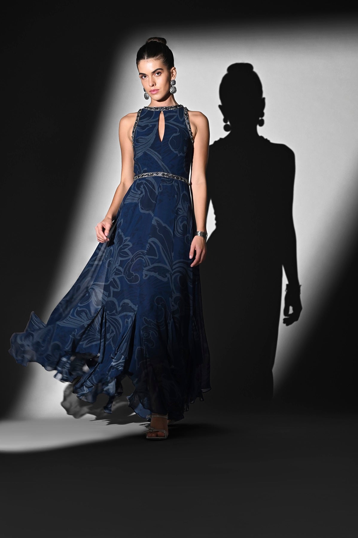 Indigo Swirl Print Dress with Silver Glass Cut Pipe Embroidery - Elegant Boho Maxi Dress for Women, Perfect for Summer Parties, Beach Vacations & Special Occasions