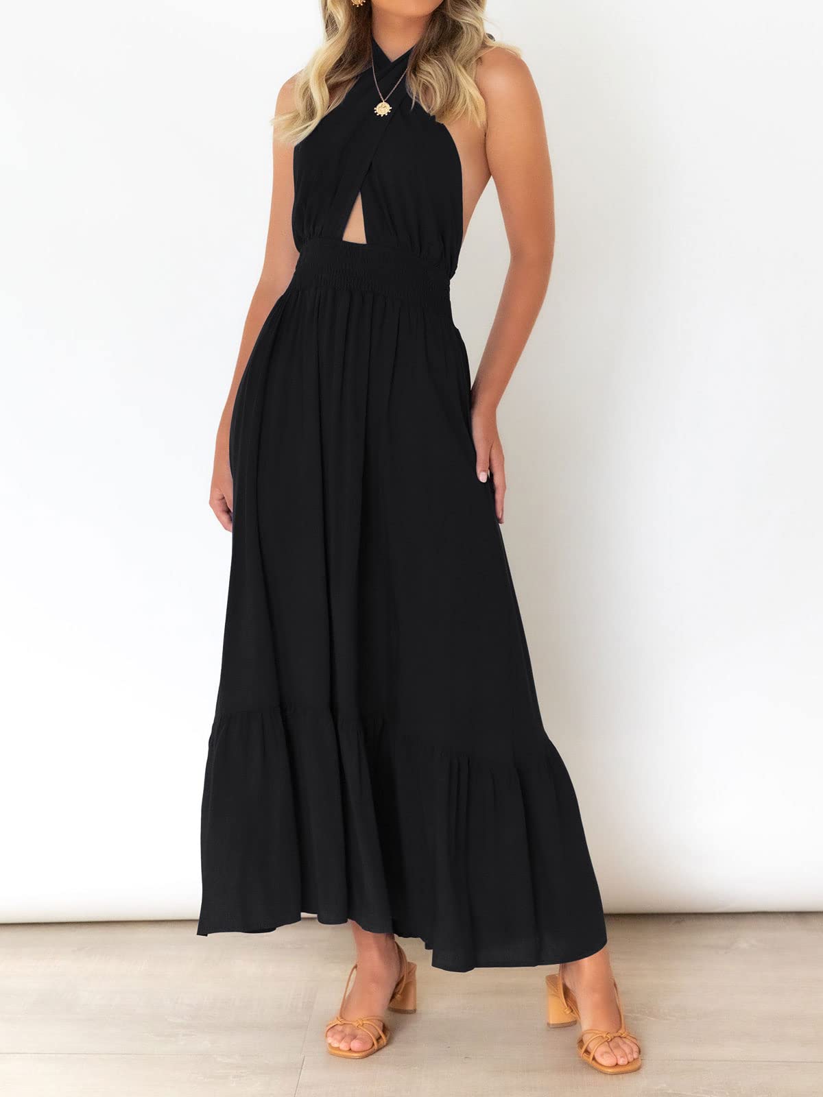 ZESICA Women's Summer 2025 Halter Neck Sleeveless Plaid Maxi Dress with Cut Out Back - Flowy A-Line Beach Wedding Party Dress for Vacation & Evening Out