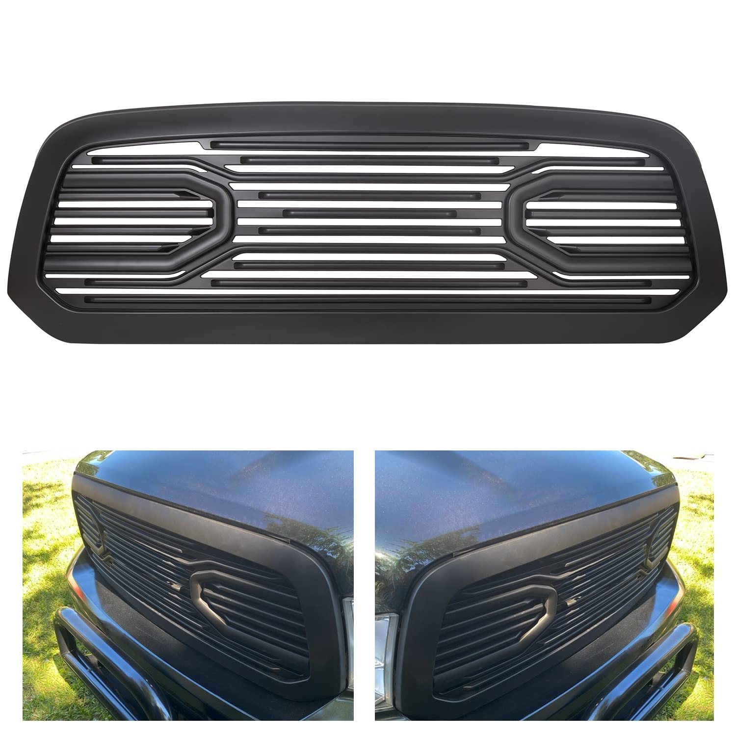 ECOTRIC Front Replacement Shell Grille Compatible With 2013-2018 Dodge RAM 1500 (Without Light) Black Big Horn Grill - Upgrade Your Truck's Style for Off-Roading & Daily Driving