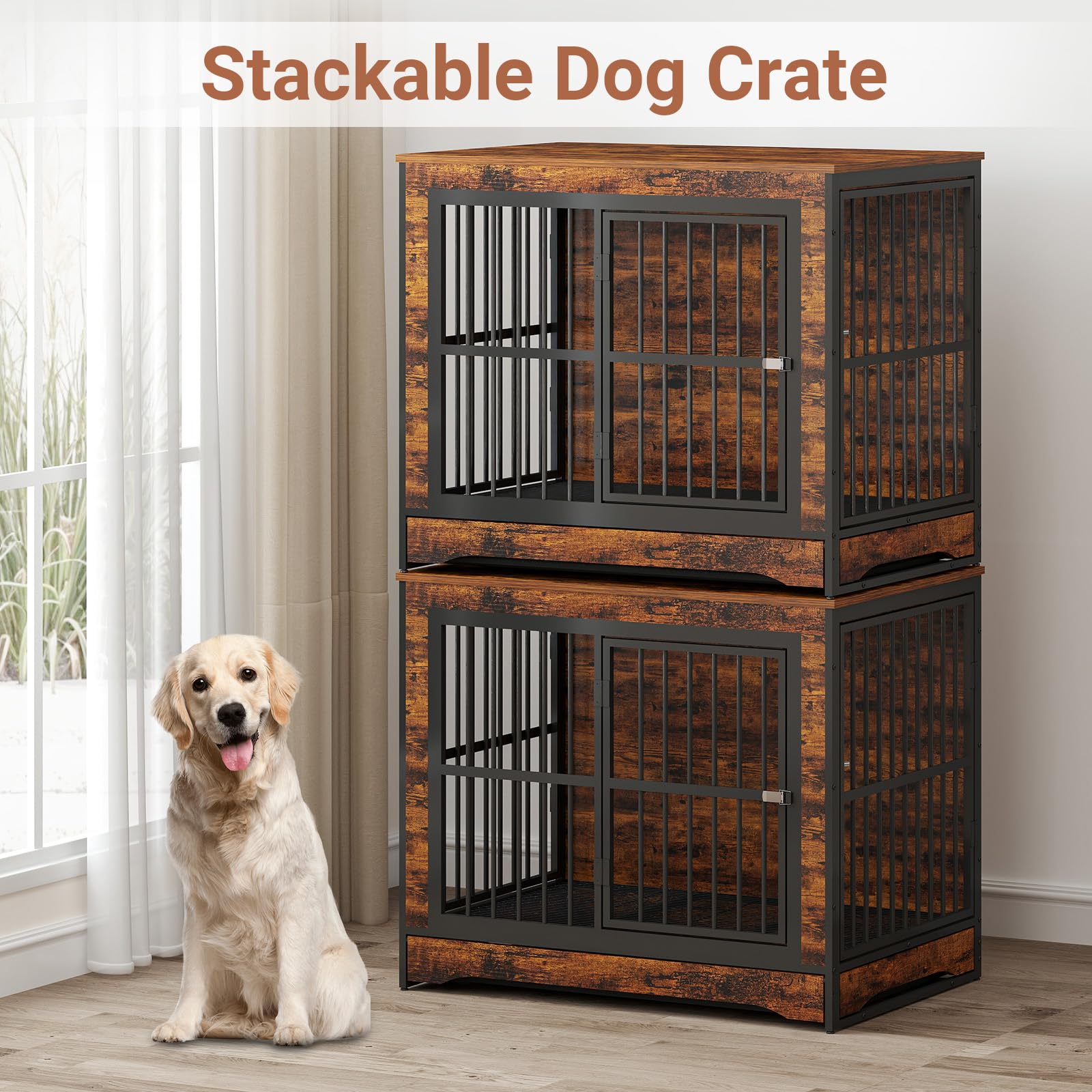 75 Inch Double Dog Crate Furniture with Divider - 4-in-1 Convertible Large Dog Kennel with Removable Trays - Rustic Brown Corner Pet Crate for Small, Medium & Large Dogs - Perfect for Living Room, Bedroom or Home Office