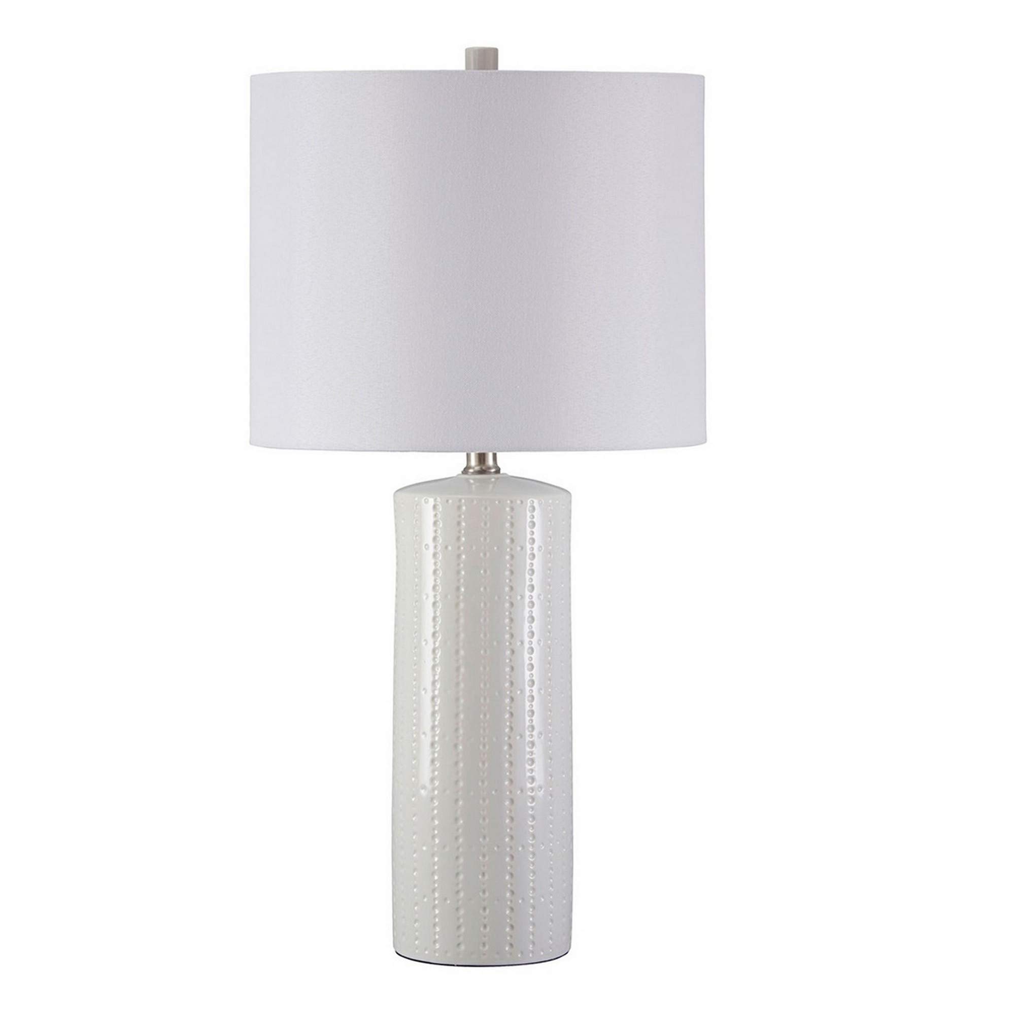 Benjara 2-Pack White Carved Ceramic Table Lamp with Drum Shade - Elegant Home & Office Lighting for Bedroom, Living Room, or Study Decor