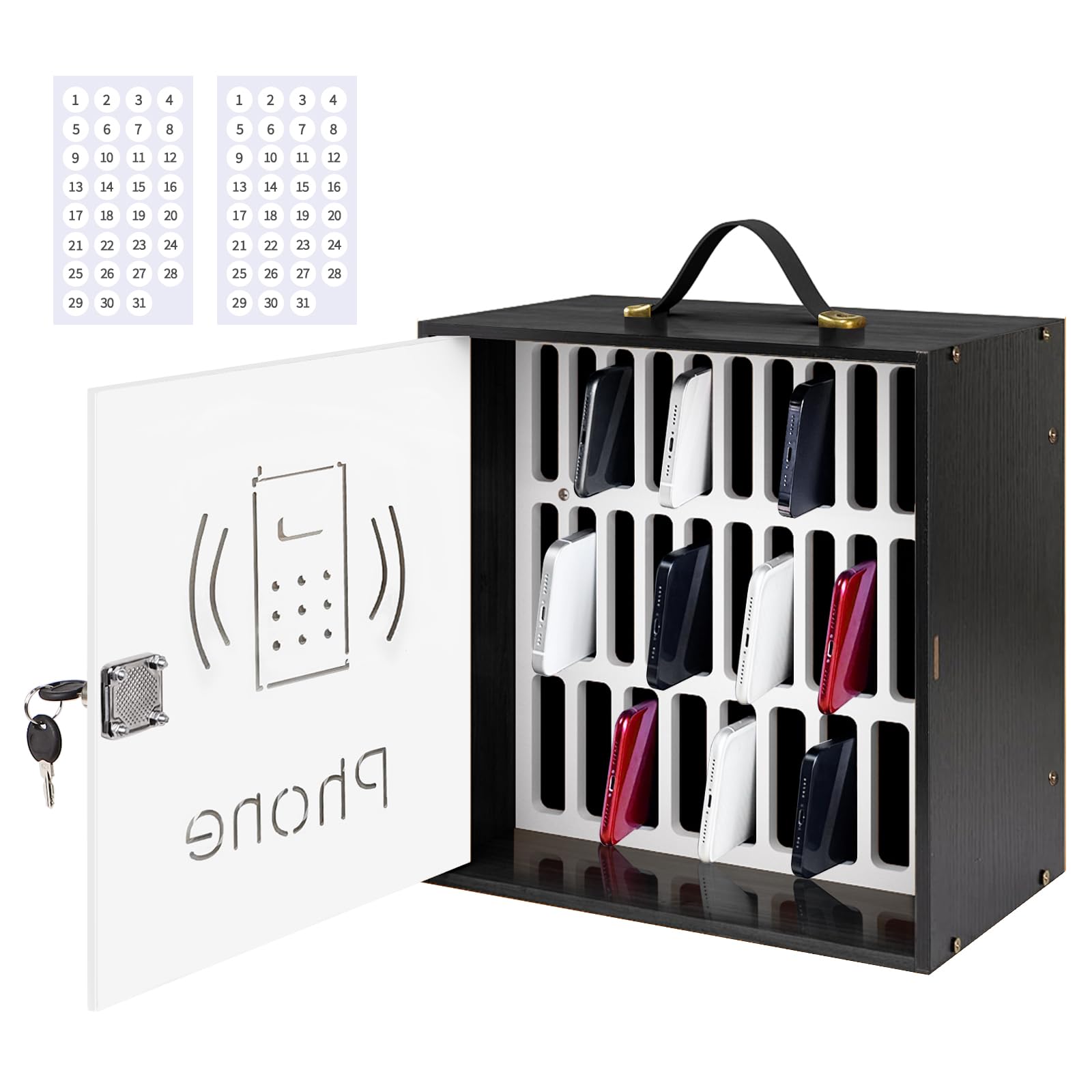 HZE 31-Slot Wooden Cell Phone Holder with Handle & Security Lock - Desktop Phone Storage Cabinet for Classroom, Office, Home - Organize Phones in Meetings, Lectures & Workspaces (Black)