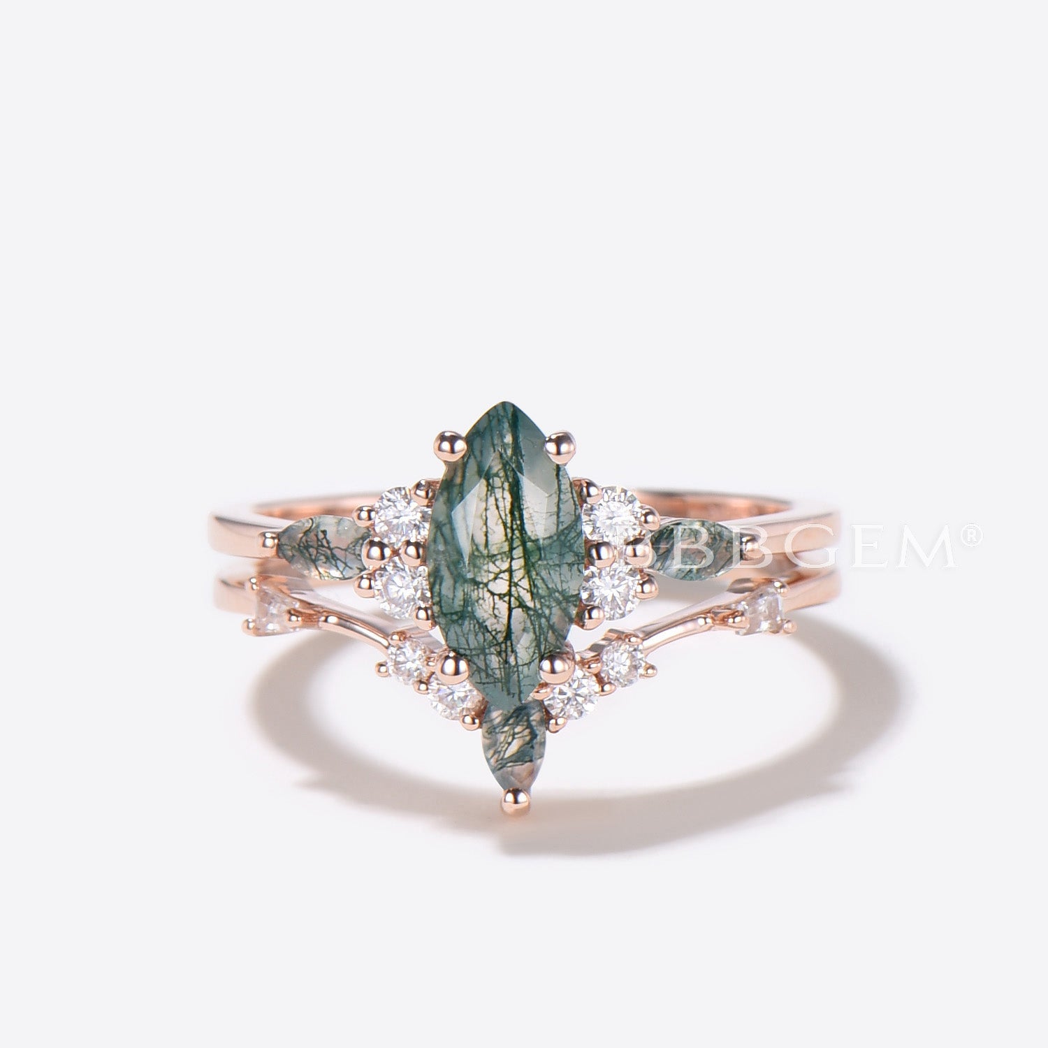 Marquise Cut Natural Moss Agate Engagement Ring for Women - 7 Stone Rose Gold Wedding Band - Perfect for Proposals, Anniversaries & Bridal Jewelry