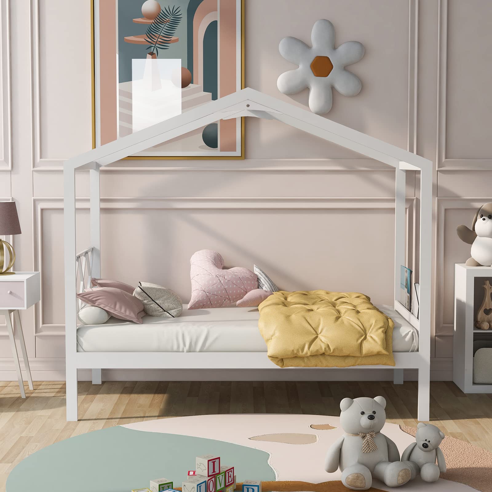 Twin Size Wooden House Bed Frame - Low Platform Bed for Kids with Storage, No Box Spring Needed - Perfect for Boys and Girls Bedroom Decor & Space Saving Solution