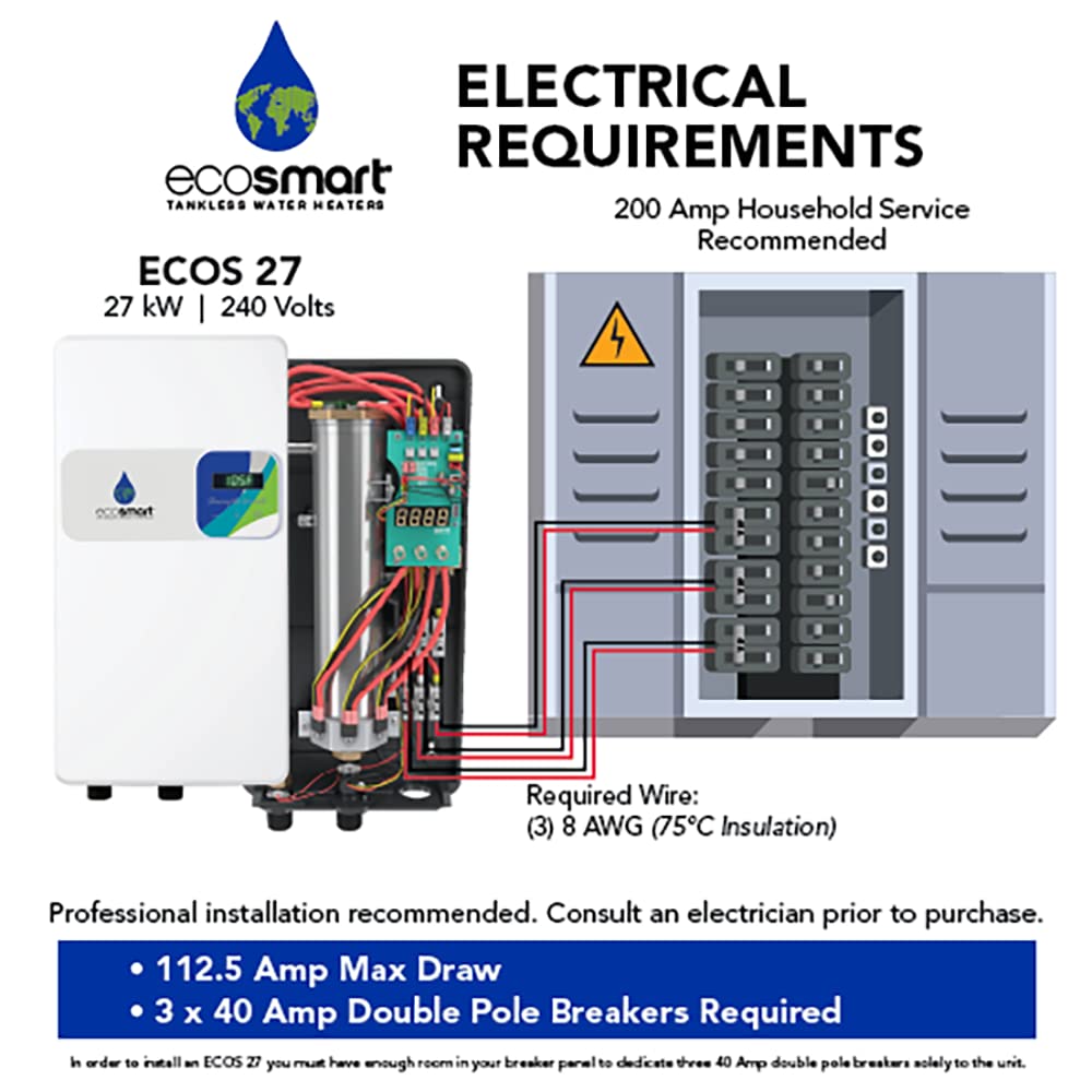EcoSmart ECOS 27 Tankless Electric Water Heater - 27kW 240V 112.5A with Self-Modulating Technology | Energy Efficient On-Demand Hot Water for Homes, Apartments & Small Businesses