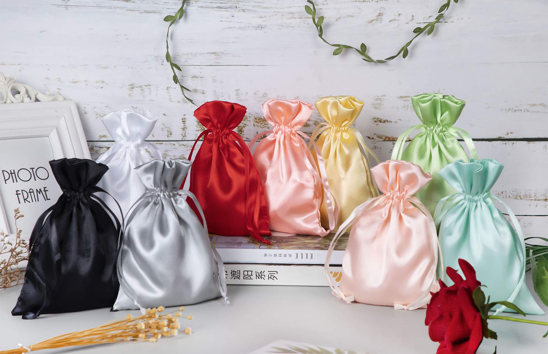 50 Pack 6x9.5 Inch Black Satin Drawstring Gift Bags - Premium Jewelry Pouch, Wedding Favors, Baby Shower & Party Favor Bags - Perfect for Special Occasions, Gift Wrapping & Event Decorations