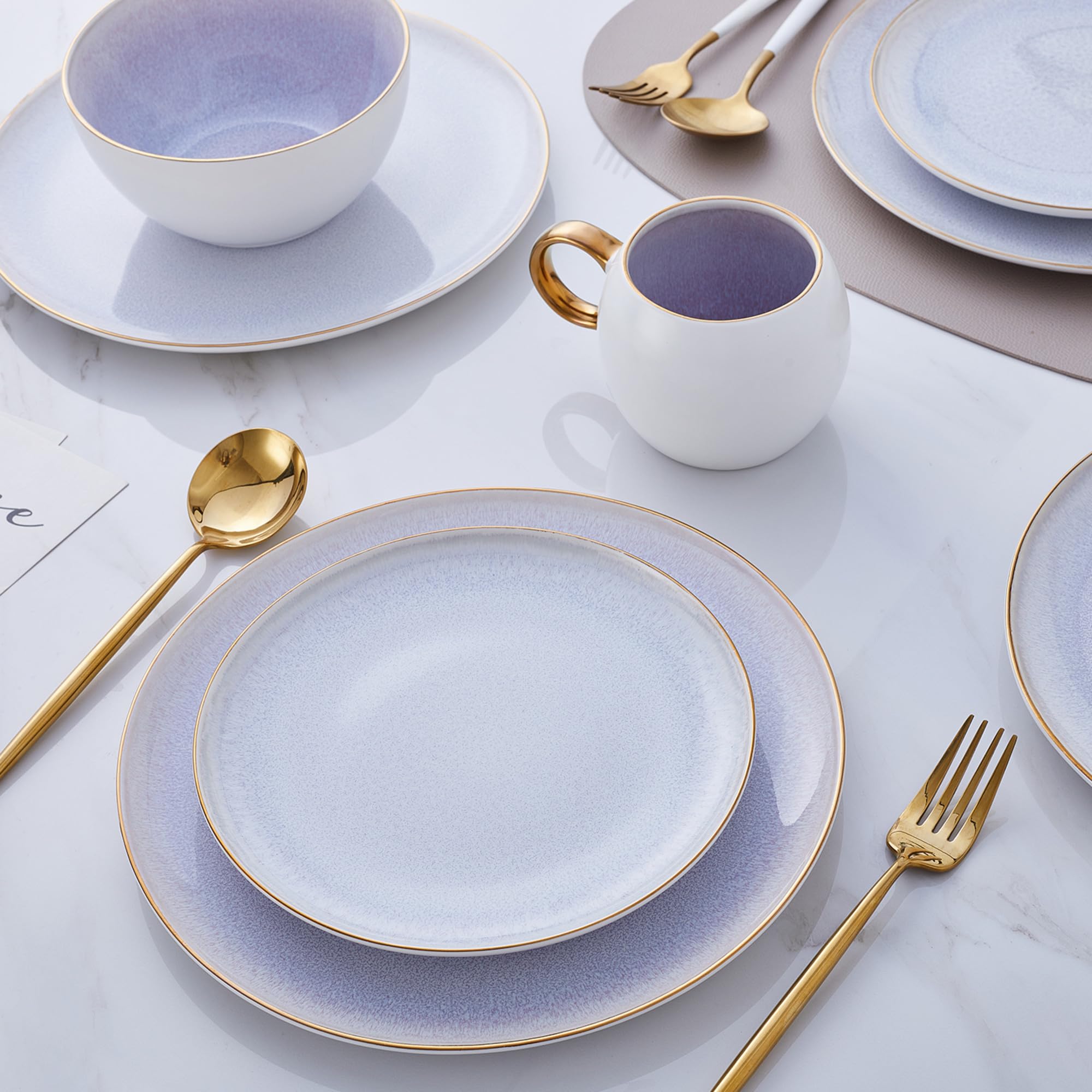 Luna Porcelain Dinnerware Set 16-Piece - 4-Person Lavender Stone Lain Dinner Plates, Bowls, Mugs & Saucers for Elegant Dining & Entertaining