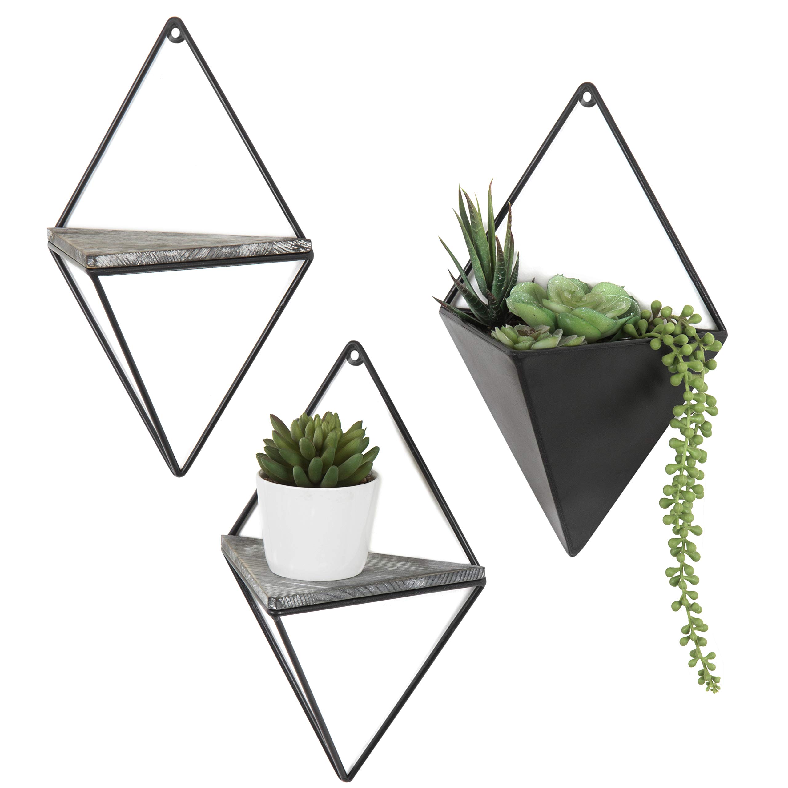 MyGift 3-Piece Indoor Wall Planter Set with Wooden Shelves & Black Metal Frames - Perfect for Home Decor, Kitchen Herb Garden, and Living Room Plant Display