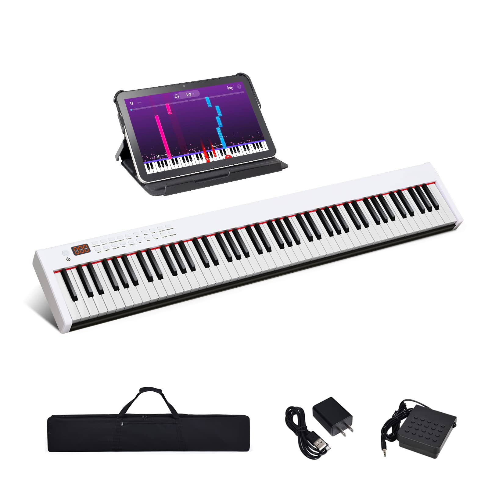 88-Key Digital Piano Keyboard with Semi-Weighted Keys - Full Size Portable Electric Piano for Beginners & Professionals - Includes Sustain Pedal & Padded Carrying Bag (White) - Perfect for Home Practice, Studio Recording & Live Performances