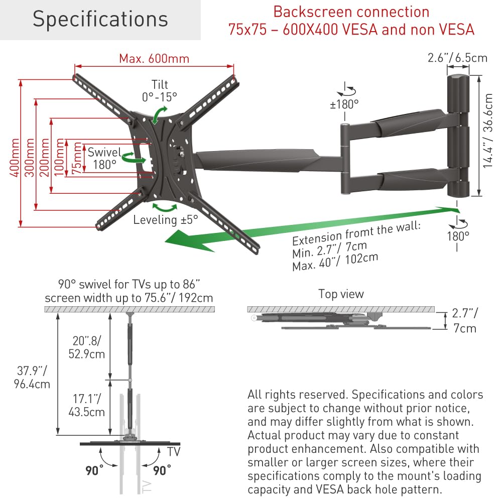 Barkan 40 Inch Long Full Motion TV Wall Mount for 13-83 Inch Flat/Curved Screens - 4-Way Articulating Arm, Extends Up to 40