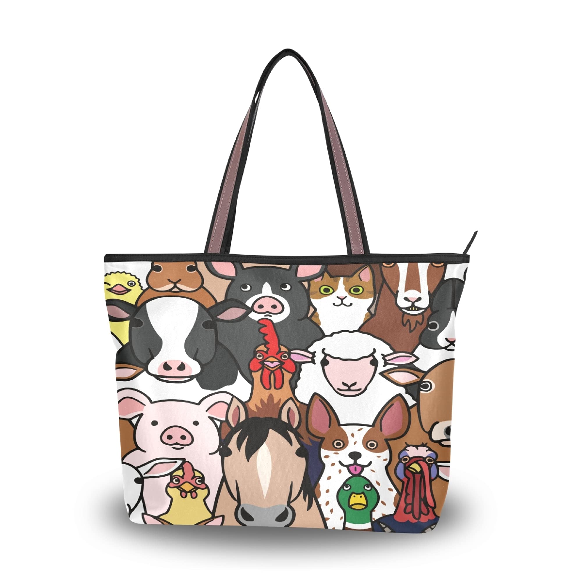 Linqin Women's Tote Bag with Zipper Closure - Cute Farm Animal Print Shoulder Handbag for Work, Travel & Daily Use