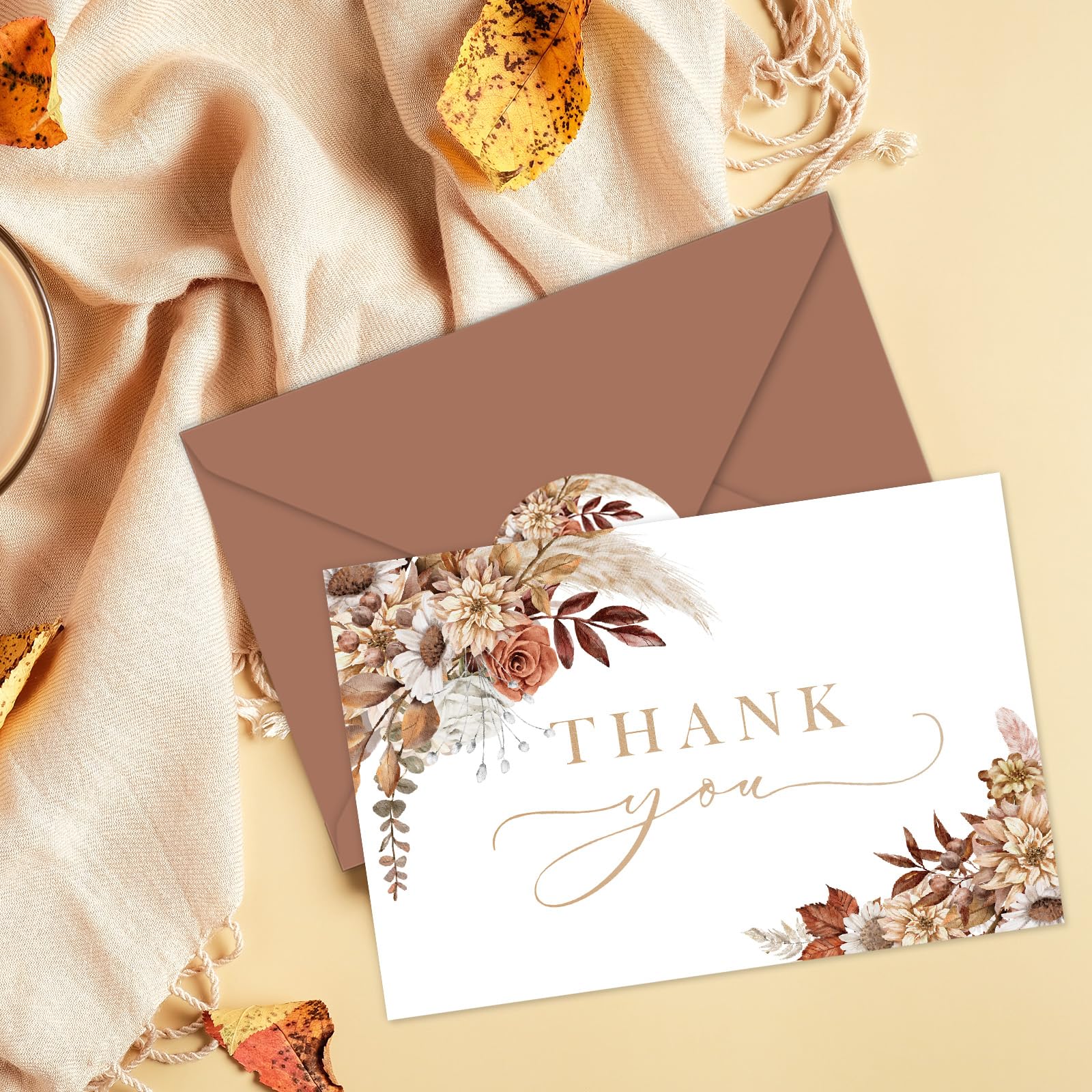 Boho Floral Thank You Cards Bulk 24 Pack - Blank Note Cards with Envelopes & Stickers for Bridal Shower, Baby Shower, Wedding, Graduation - 4 x 6 Inch Boho Style Stationery - Perfect for DIY Greetings, Party Favors, and Handwritten Notes