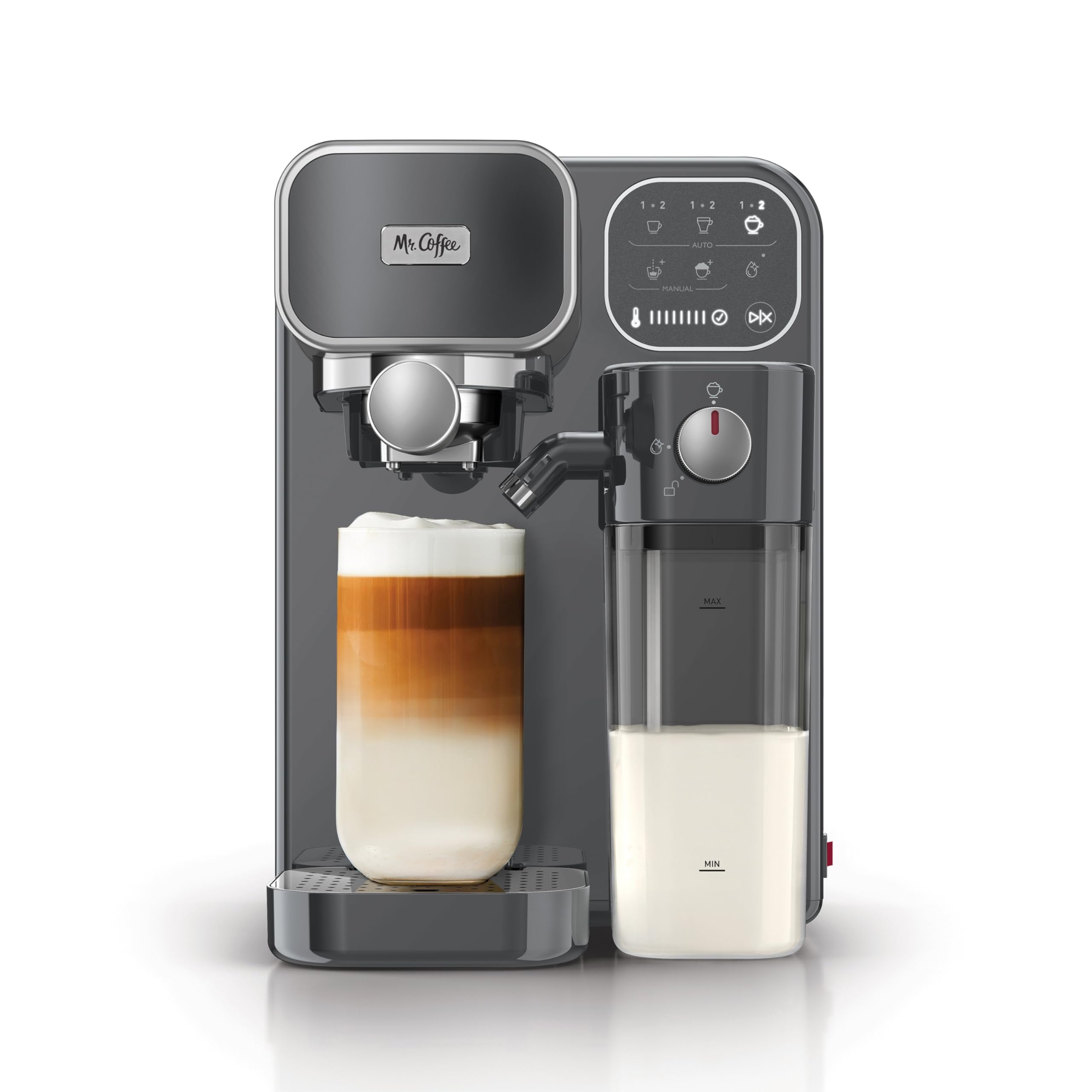 Mr. Coffee Prima Latte Luxe Espresso Machine - Single & Double Shot, Cappuccino & Latte Maker with Optimized Milk Frother & One-Touch Control - Perfect for Home, Office & Coffee Shop Use